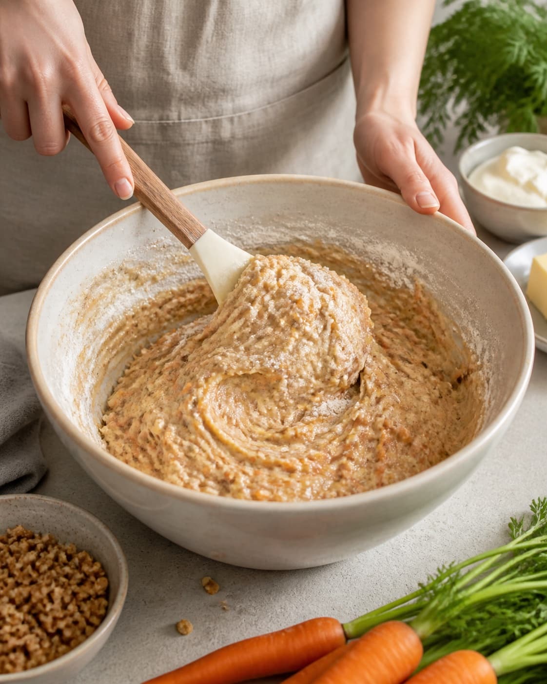 The batter or dough for gulerodskage med ostecreme being gently combined under tilberedningen af gulerodskage med ostecreme