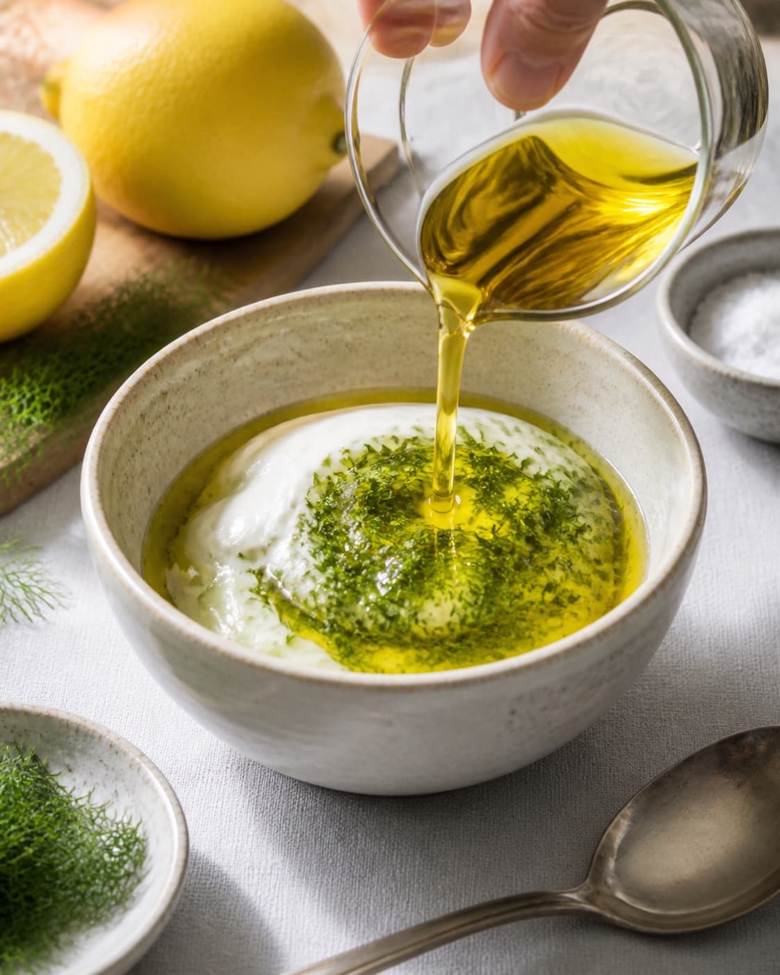 Clean prepared ingredients for urtecreme with creme fraiche, økologisk citron, ekstra jomfruolivenolie, friske krydderurter under tilberedningen af urtecreme