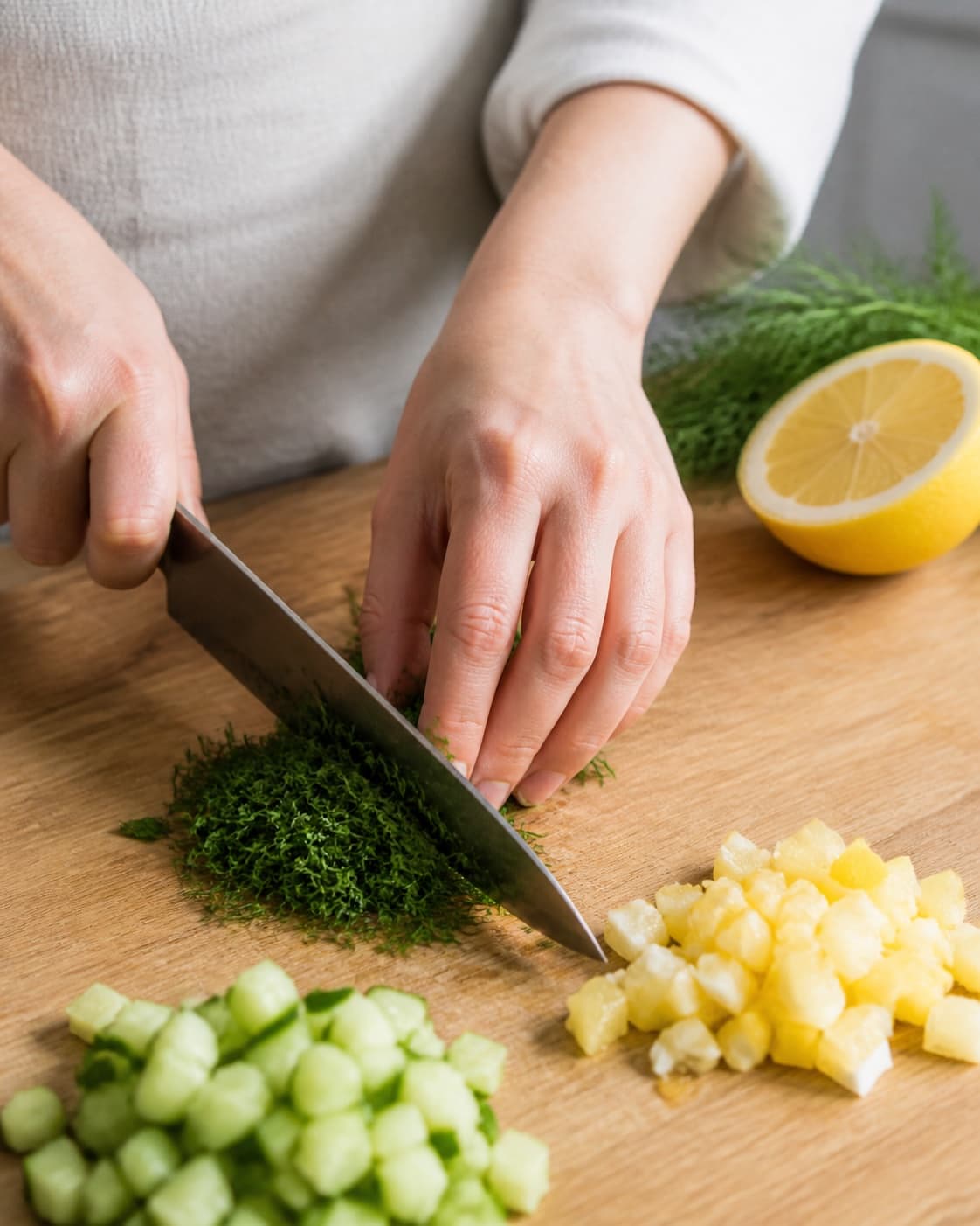 Ingredients for urtecreme being cut into even pieces under tilberedningen af urtecreme