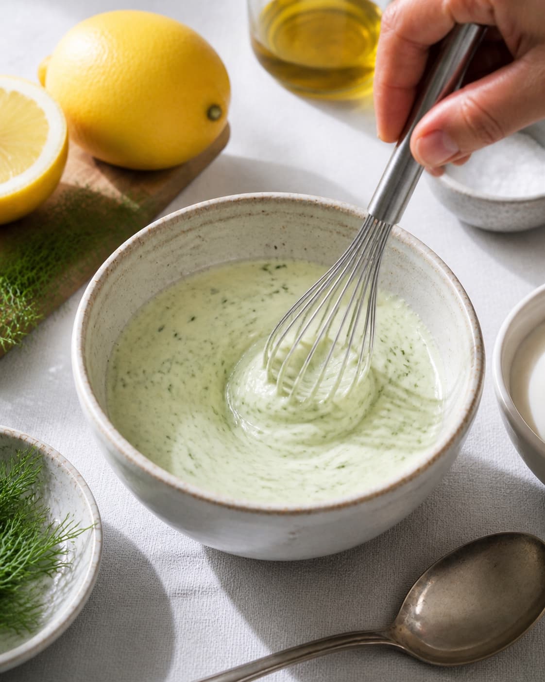 Dressing for urtecreme being whisked until glossy under tilberedningen af urtecreme