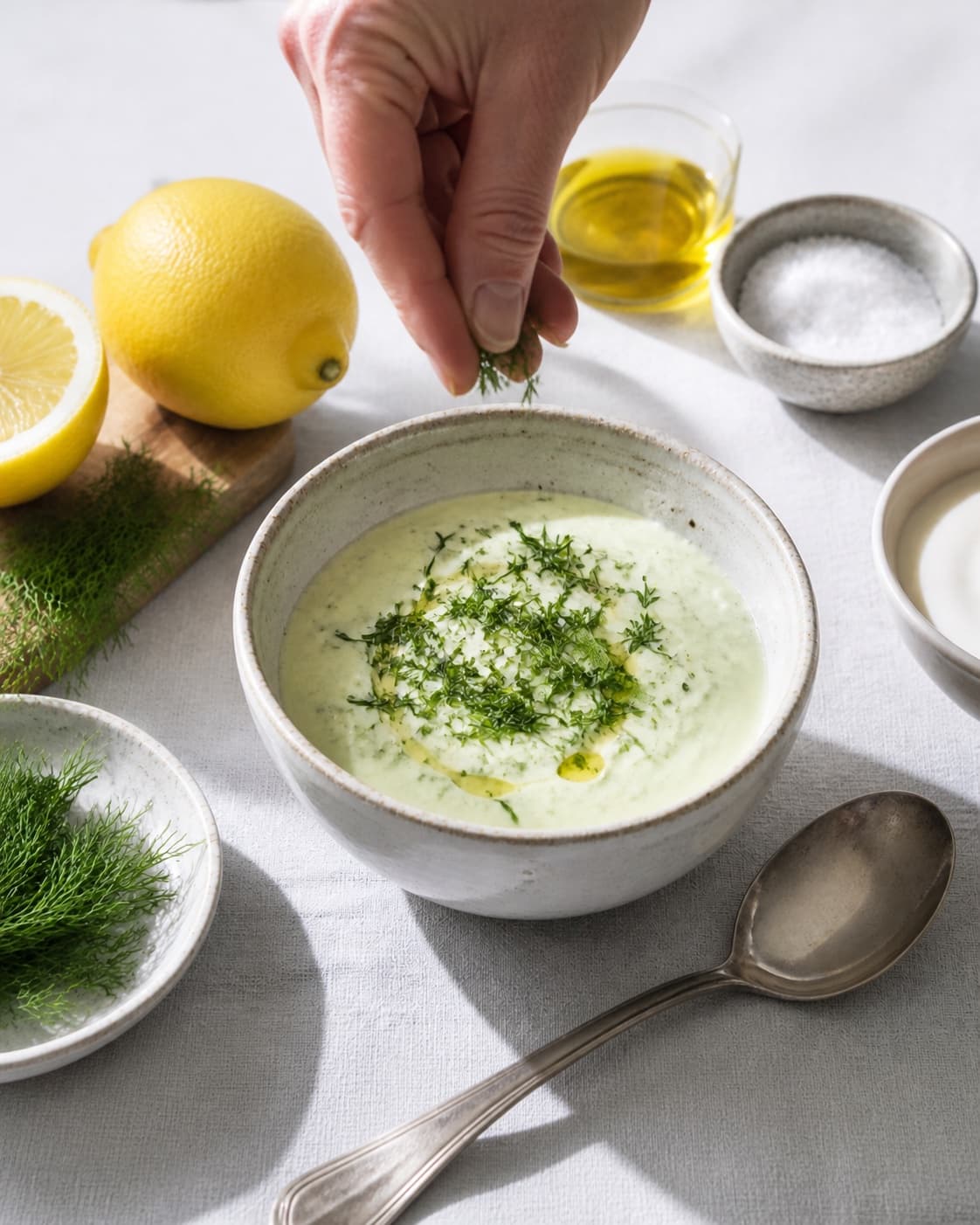 Fresh finished urtecreme receiving its final garnish under tilberedningen af urtecreme