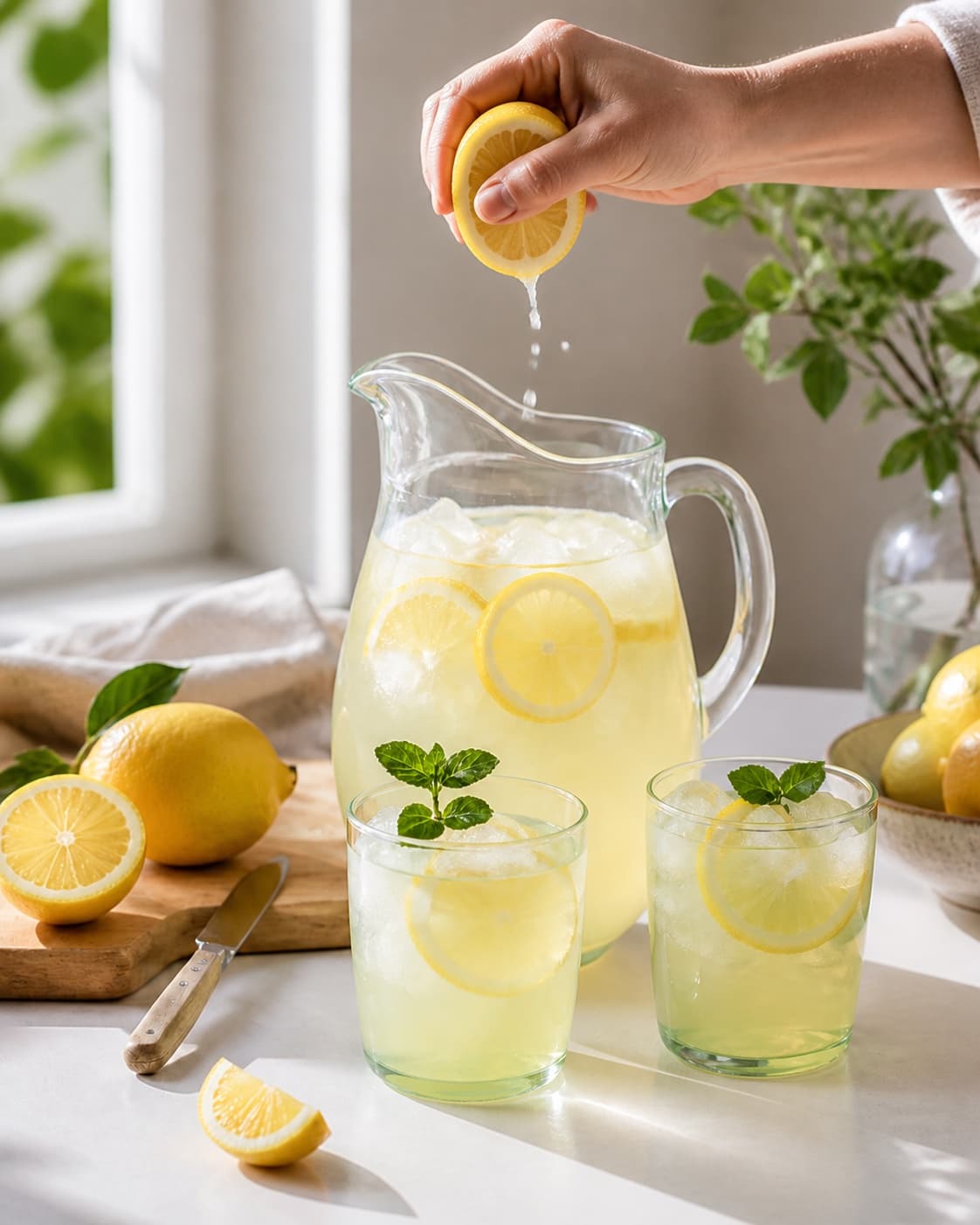 Fresh flavour ingredients for lemonade med citron prepared with økologiske citroner, økologisk citron, koldt vand eller is, isterninger under tilberedningen af lemonade med citron