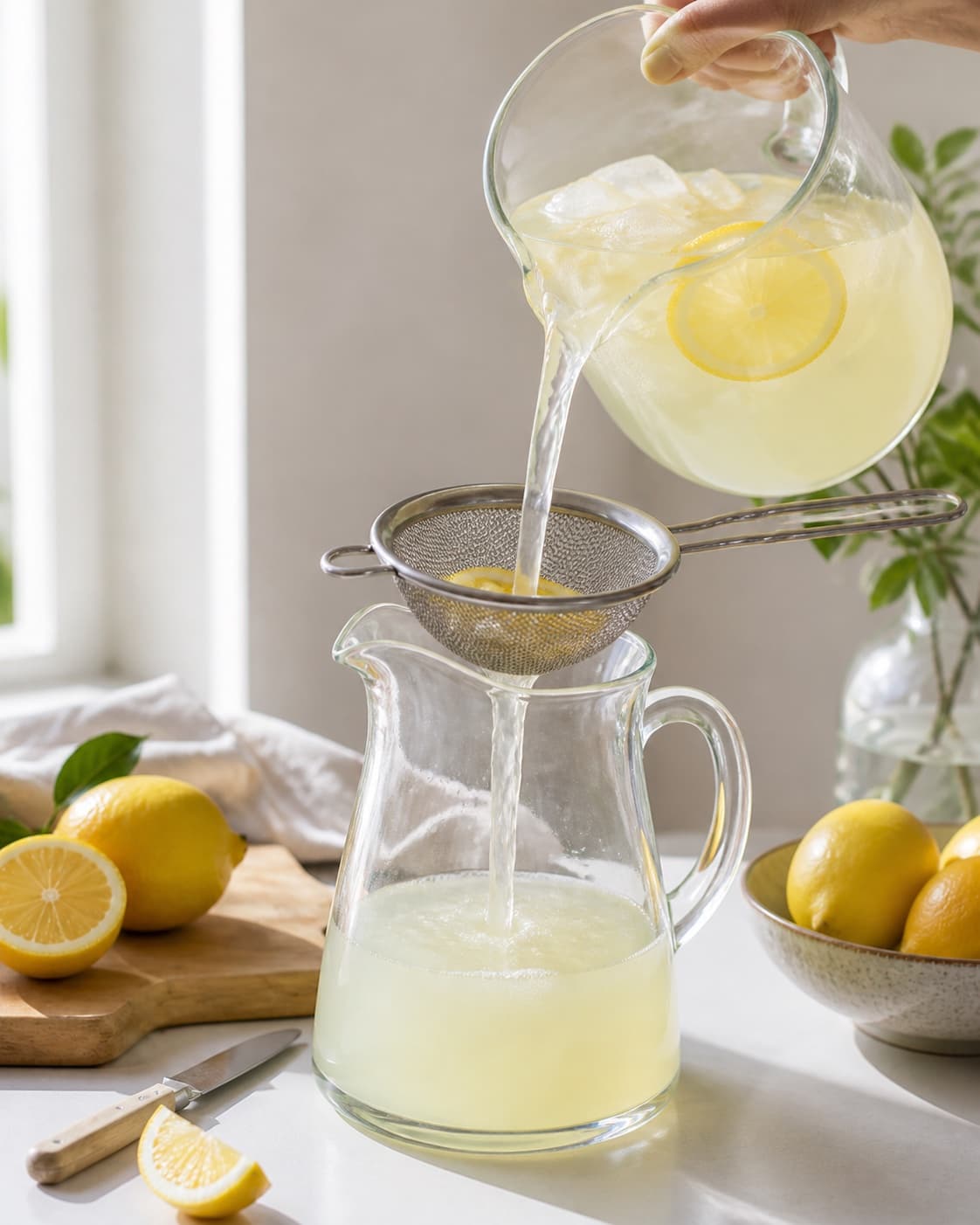 lemonade med citron being strained into a clean pitcher under tilberedningen af lemonade med citron