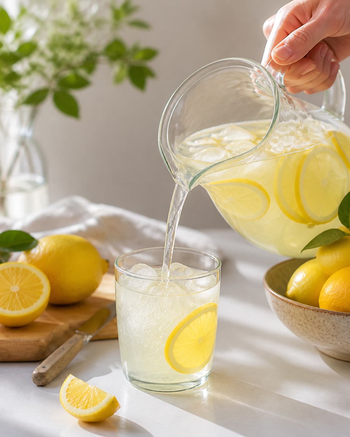 Finished lemonade med citron being poured into a clean serving glass under tilberedningen af lemonade med citron