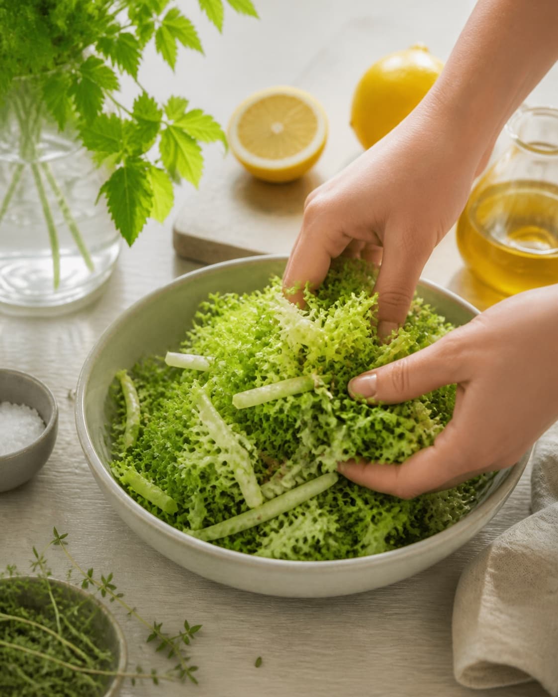 Clean prepared ingredients for grøn salat der passer til alt with blandede salatblade, økologisk citron, ekstra jomfruolivenolie, friske krydderurter under tilberedningen af grøn salat der passer til alt