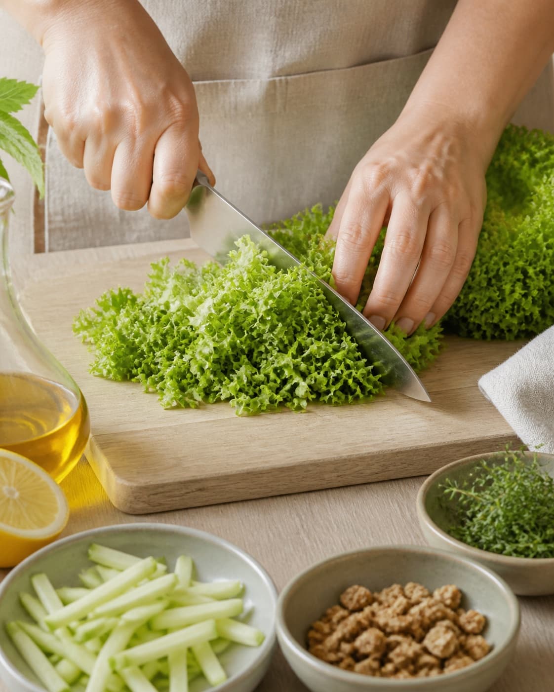 Ingredients for grøn salat der passer til alt being cut into even pieces under tilberedningen af grøn salat der passer til alt