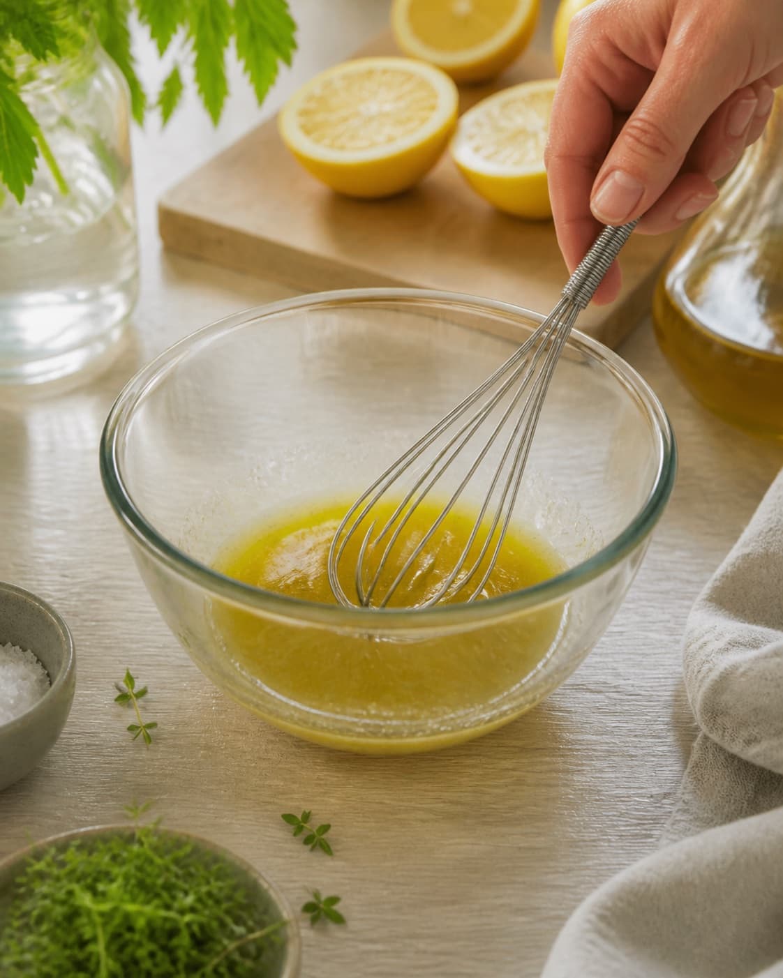 Dressing for grøn salat der passer til alt being whisked until glossy under tilberedningen af grøn salat der passer til alt