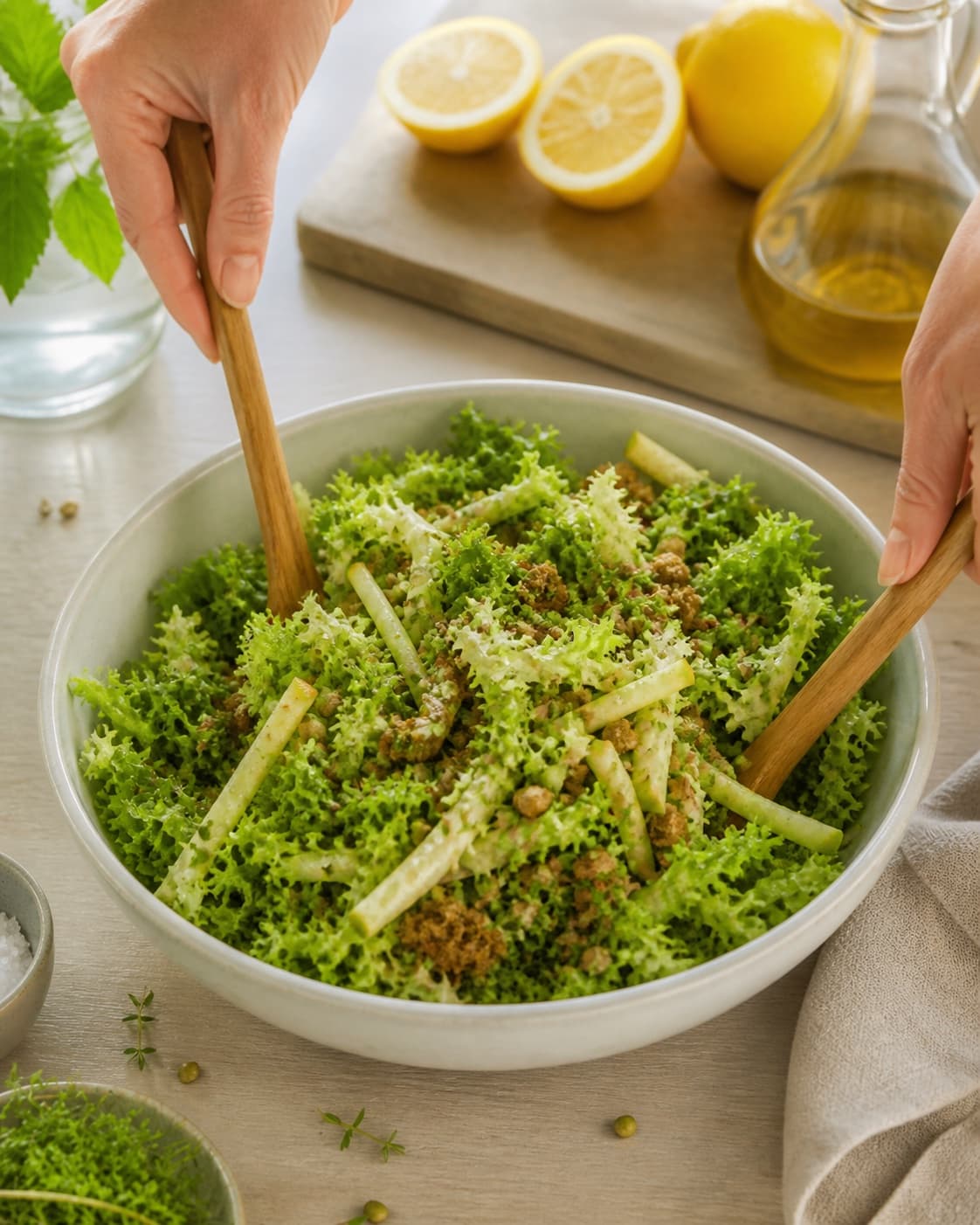 grøn salat der passer til alt being gently combined without crushing the ingredients under tilberedningen af grøn salat der passer til alt