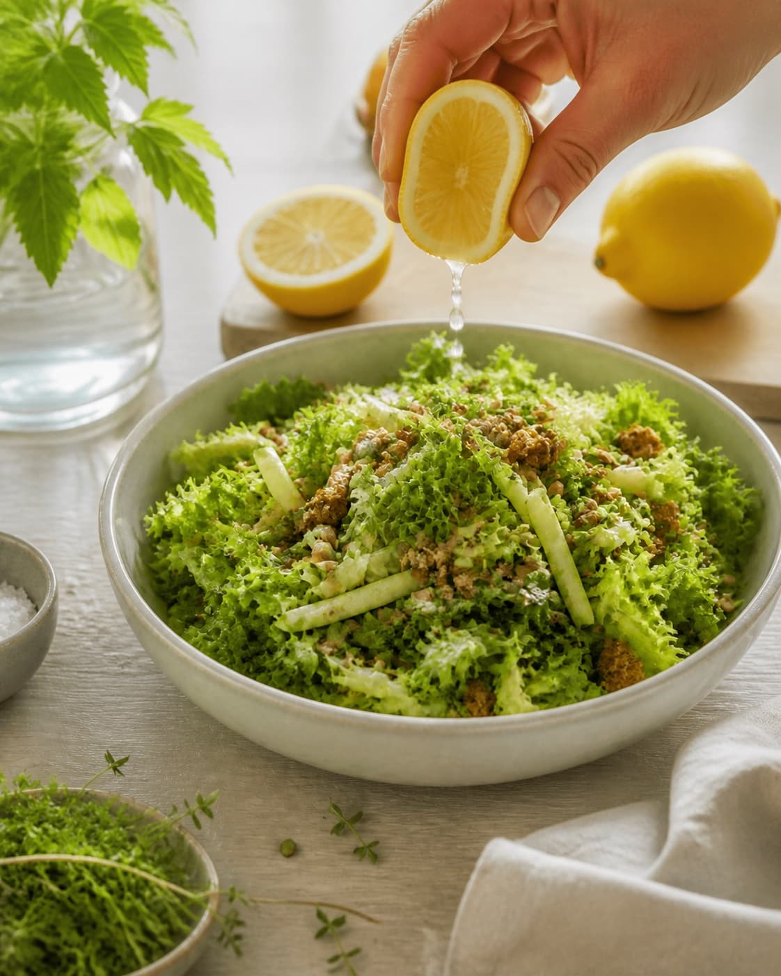Fresh finished grøn salat der passer til alt receiving its final garnish under tilberedningen af grøn salat der passer til alt
