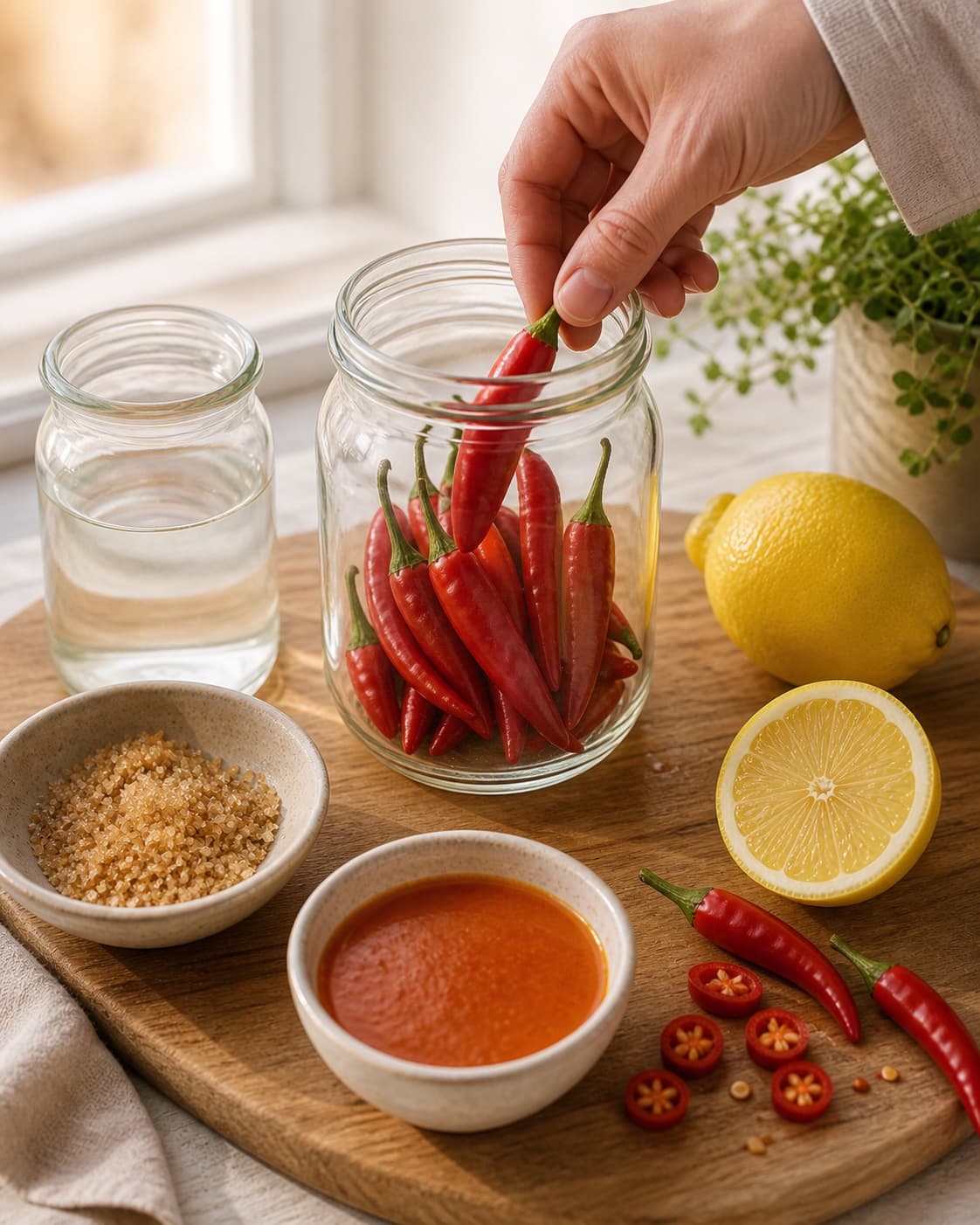 Clean measured ingredients and prepared jars for chilisauce with friske røde chilier, rørsukker, vand, økologisk citron under tilberedningen af chilisauce