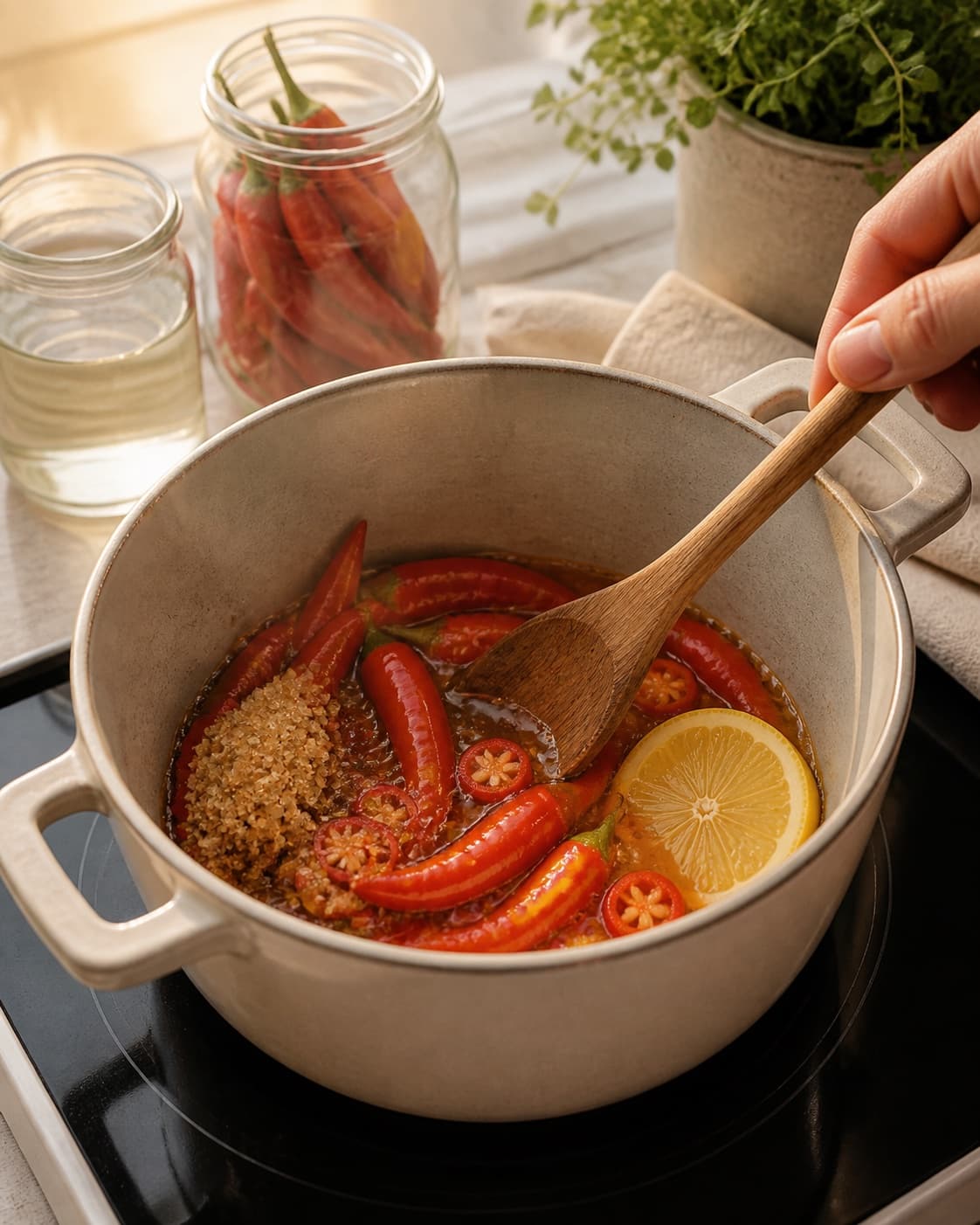 Ingredients for chilisauce gently releasing juice in a pot under tilberedningen af chilisauce