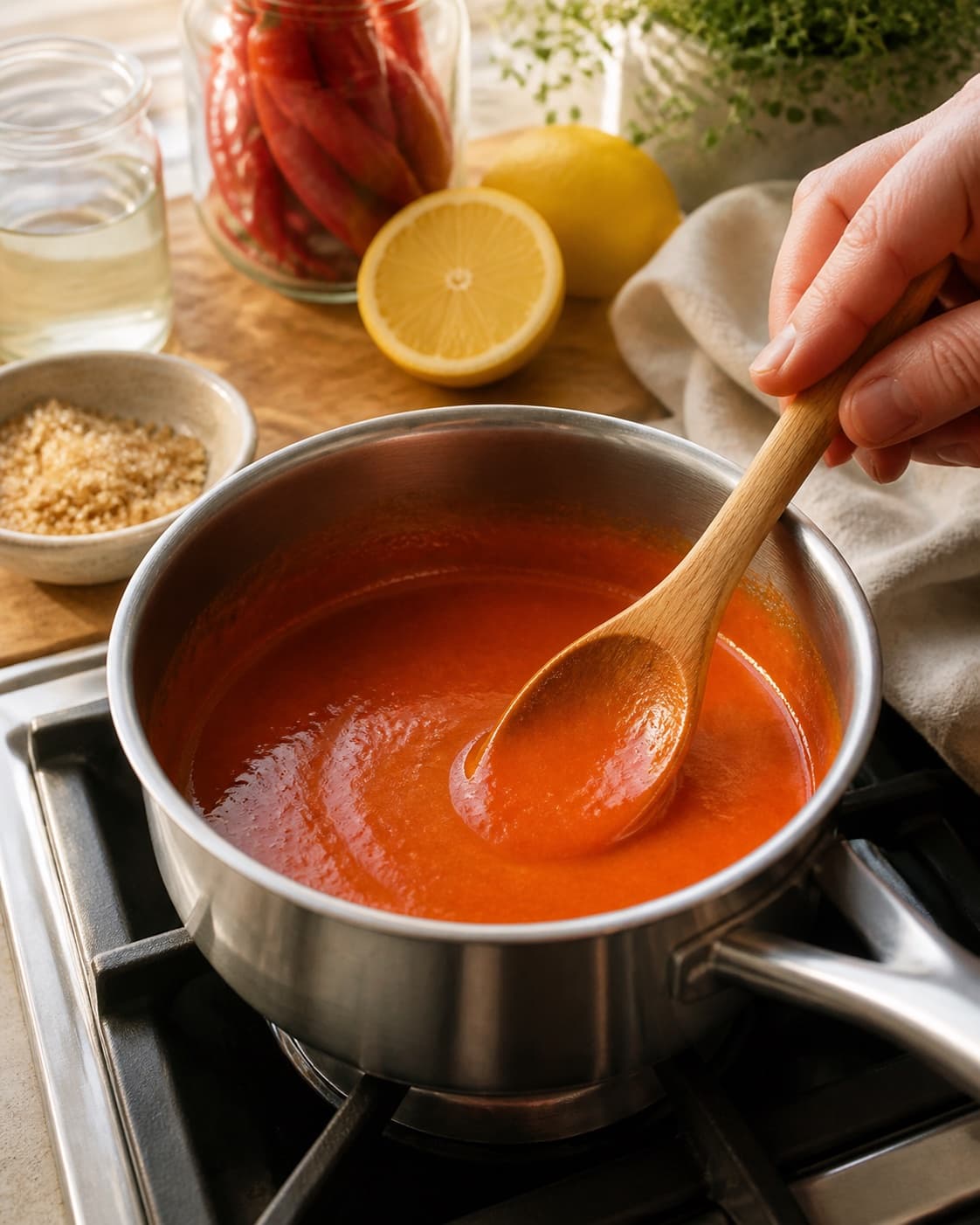 chilisauce simmering to a glossy even consistency under tilberedningen af chilisauce