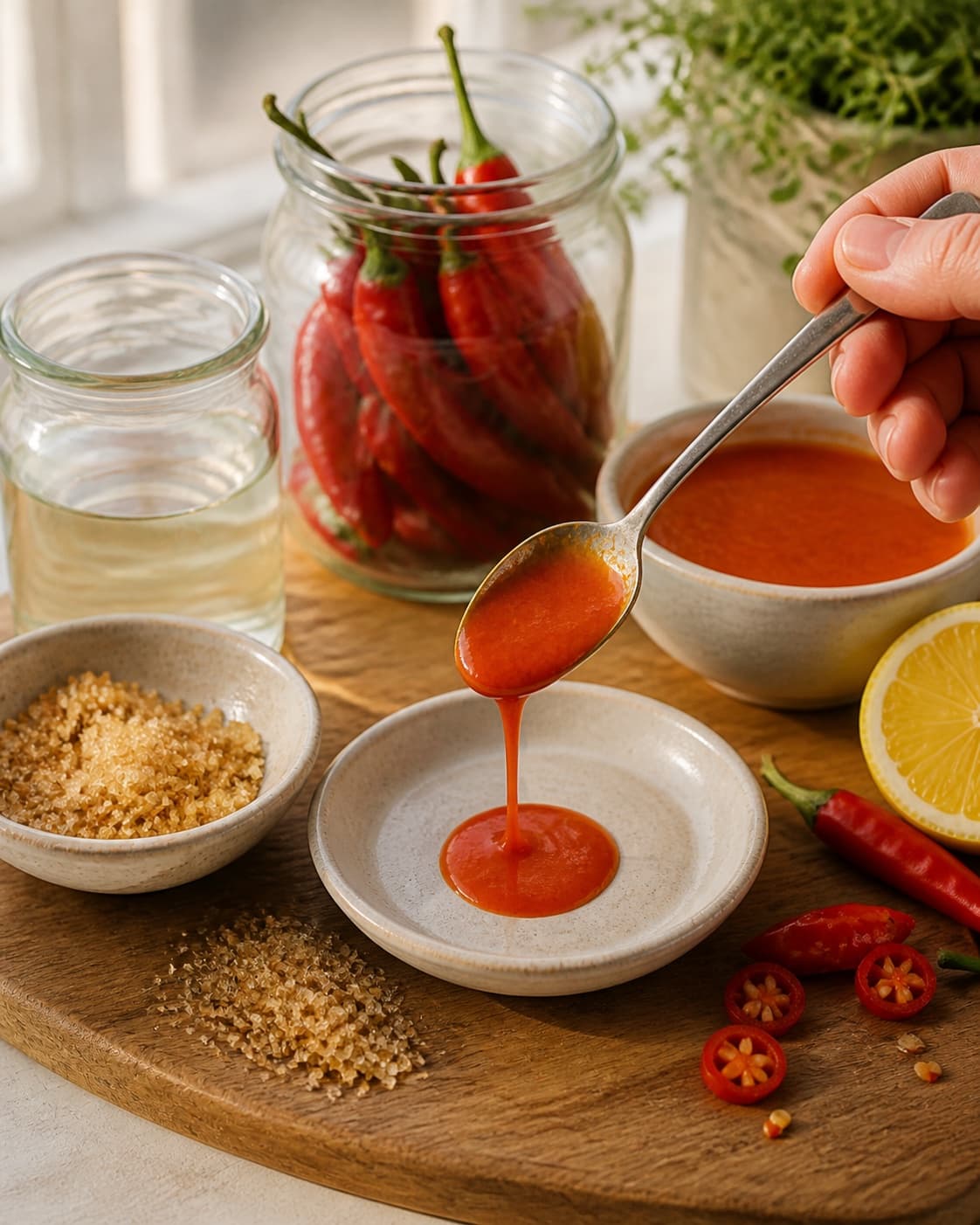 A chilled consistency test for chilisauce on a small plate under tilberedningen af chilisauce