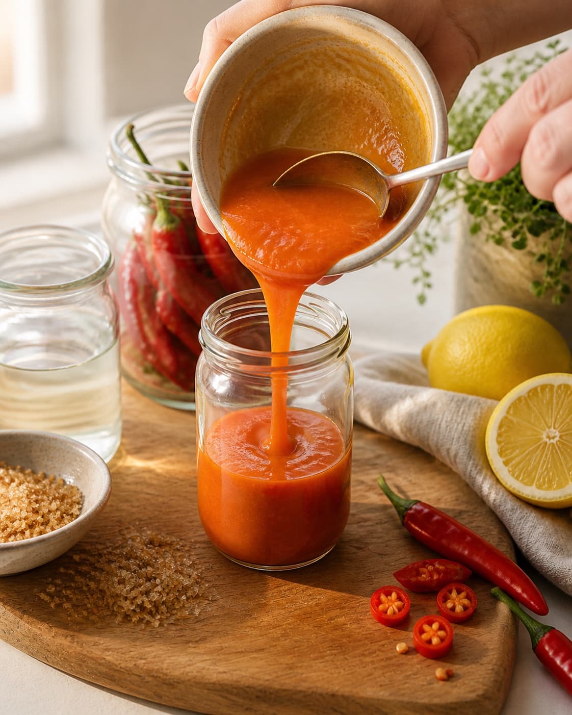 Hot finished chilisauce being carefully transferred into a clean jar under tilberedningen af chilisauce