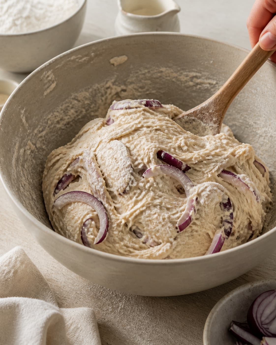 Close view of the moist dough for løgbrød being mixed in a bowl with zittauerløg, hvedemel, lunkent vand, gær under tilberedningen af løgbrød