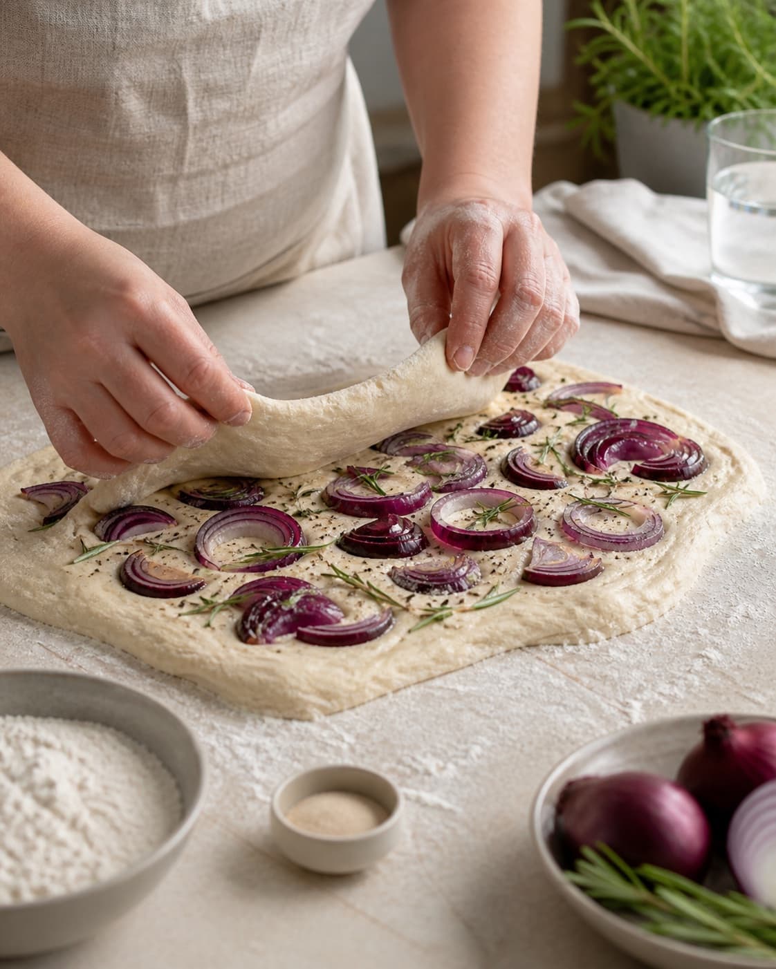 Hands gently folding elastic dough for løgbrød under tilberedningen af løgbrød