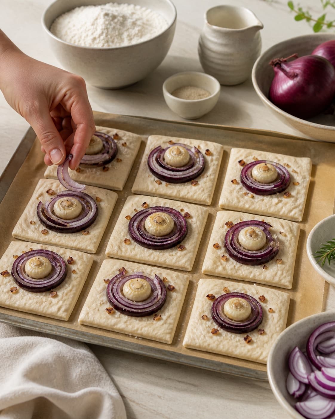 Even pieces of løgbrød being shaped before baking under tilberedningen af løgbrød
