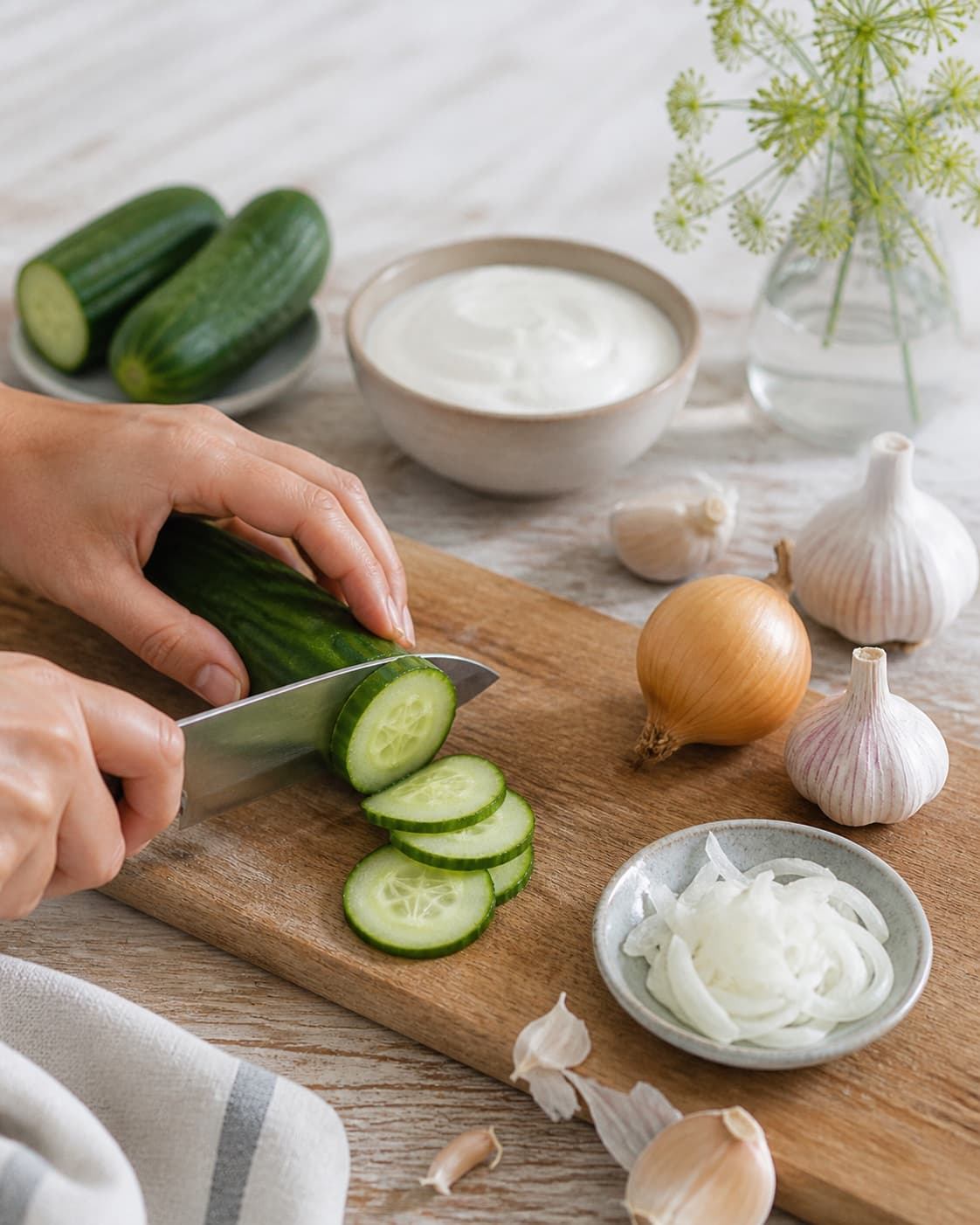 Mise en place for kold agurkesuppe with græsk yoghurt, agurk, zittauerløg, hvidløg under tilberedningen af kold agurkesuppe