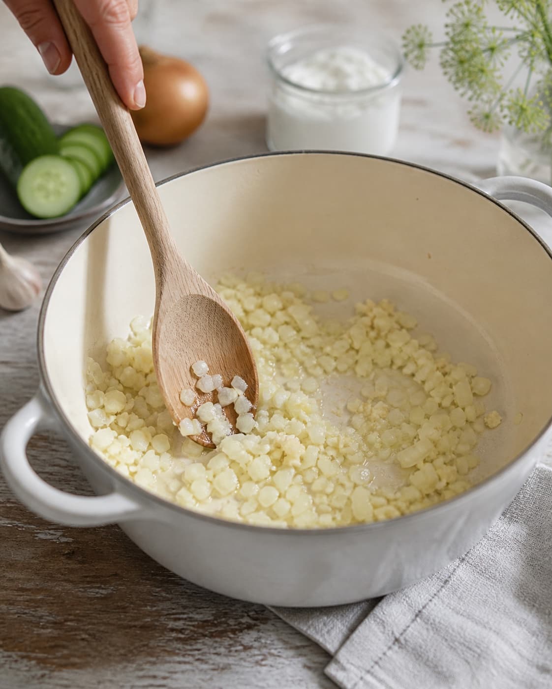 Aromatic base for kold agurkesuppe gently cooking in a pot under tilberedningen af kold agurkesuppe