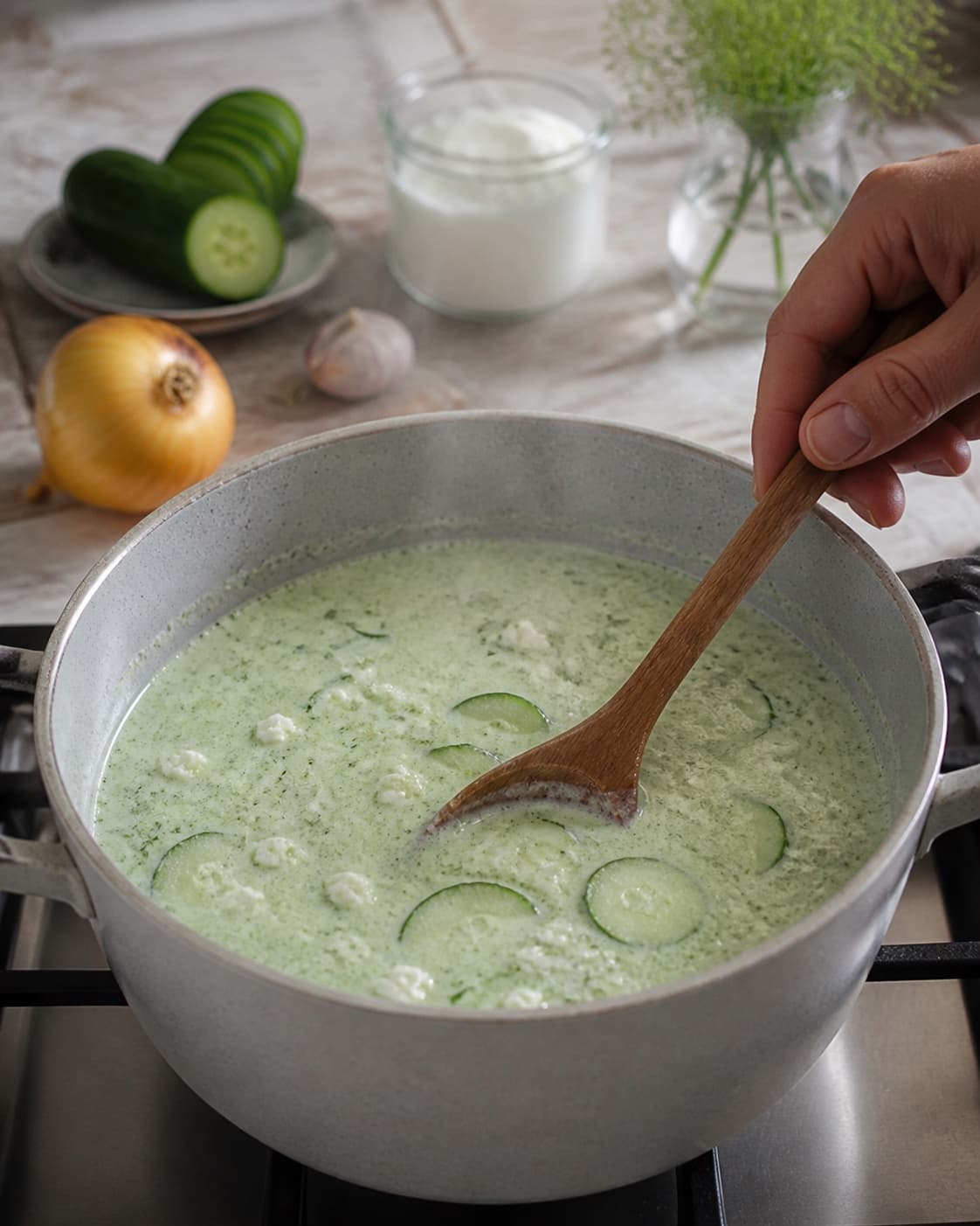 kold agurkesuppe gently simmering with visible ingredients under tilberedningen af kold agurkesuppe