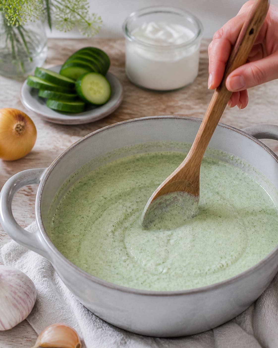 The texture of kold agurkesuppe being adjusted in the pot under tilberedningen af kold agurkesuppe