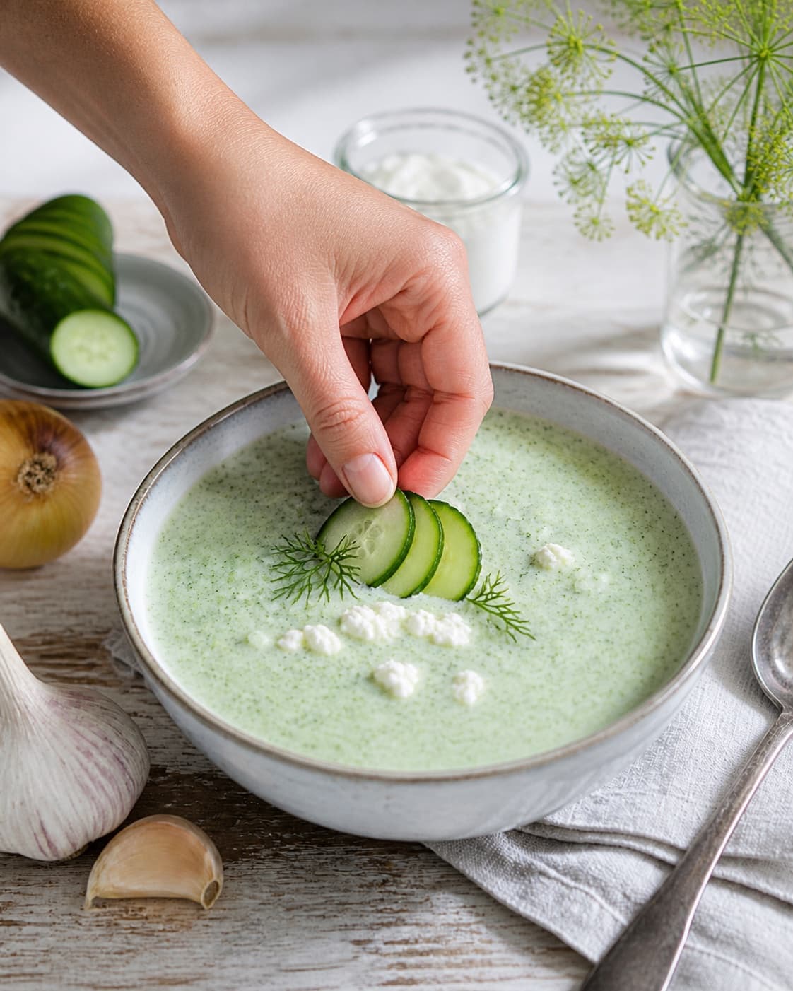 Finished kold agurkesuppe being served with a fresh restrained garnish under tilberedningen af kold agurkesuppe