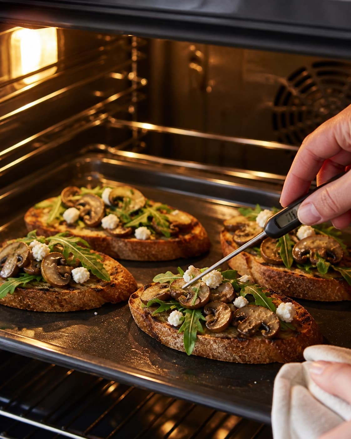 bruschetta med svampe roasting evenly while its centre temperature is checked under tilberedningen af bruschetta med svampe