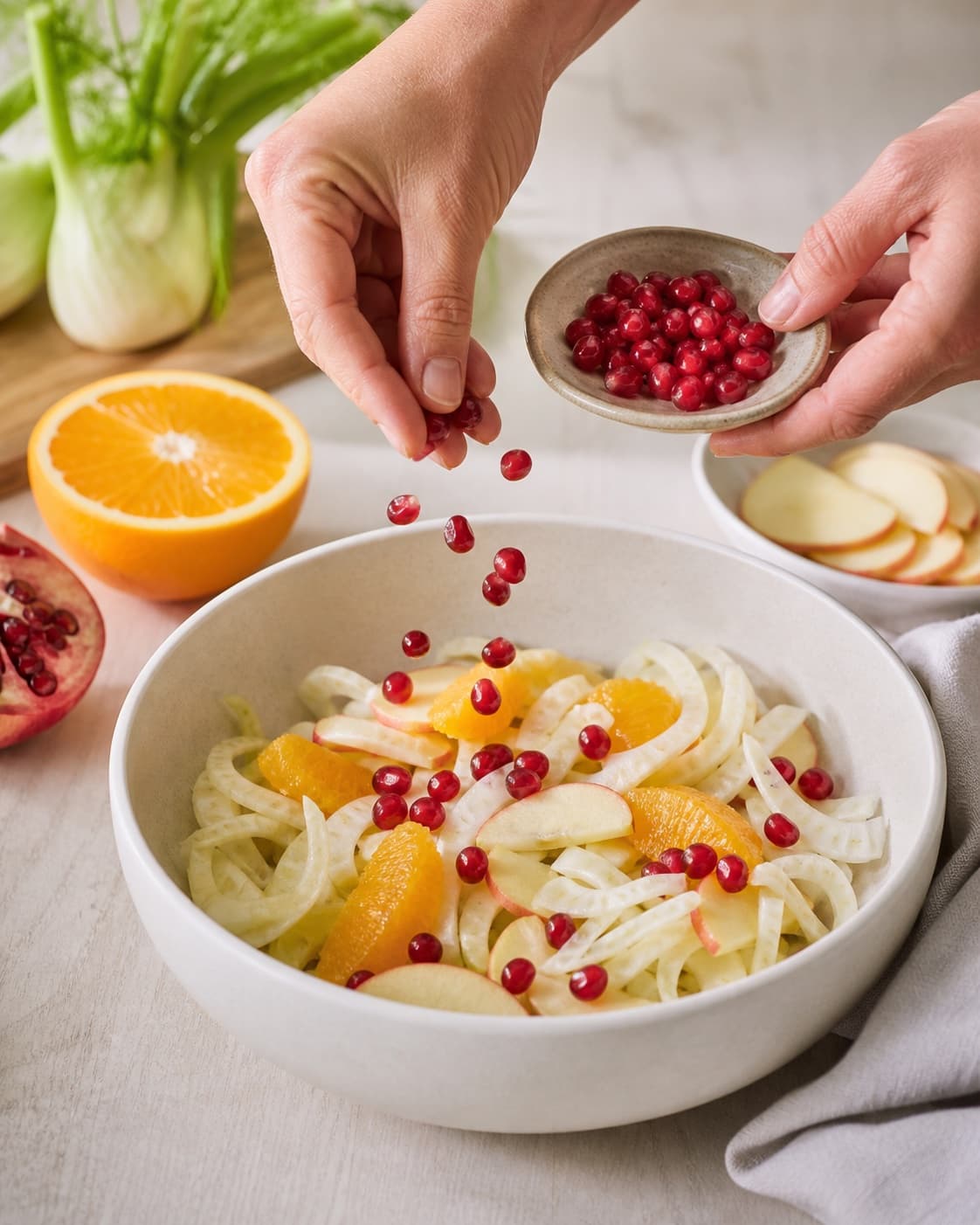 Clean prepared ingredients for fennikelsalat med appelsin og granatæble with fennikel, økologisk appelsin, syrlige æbler, granatæblekerner under tilberedningen af fennikelsalat med appelsin og granatæble