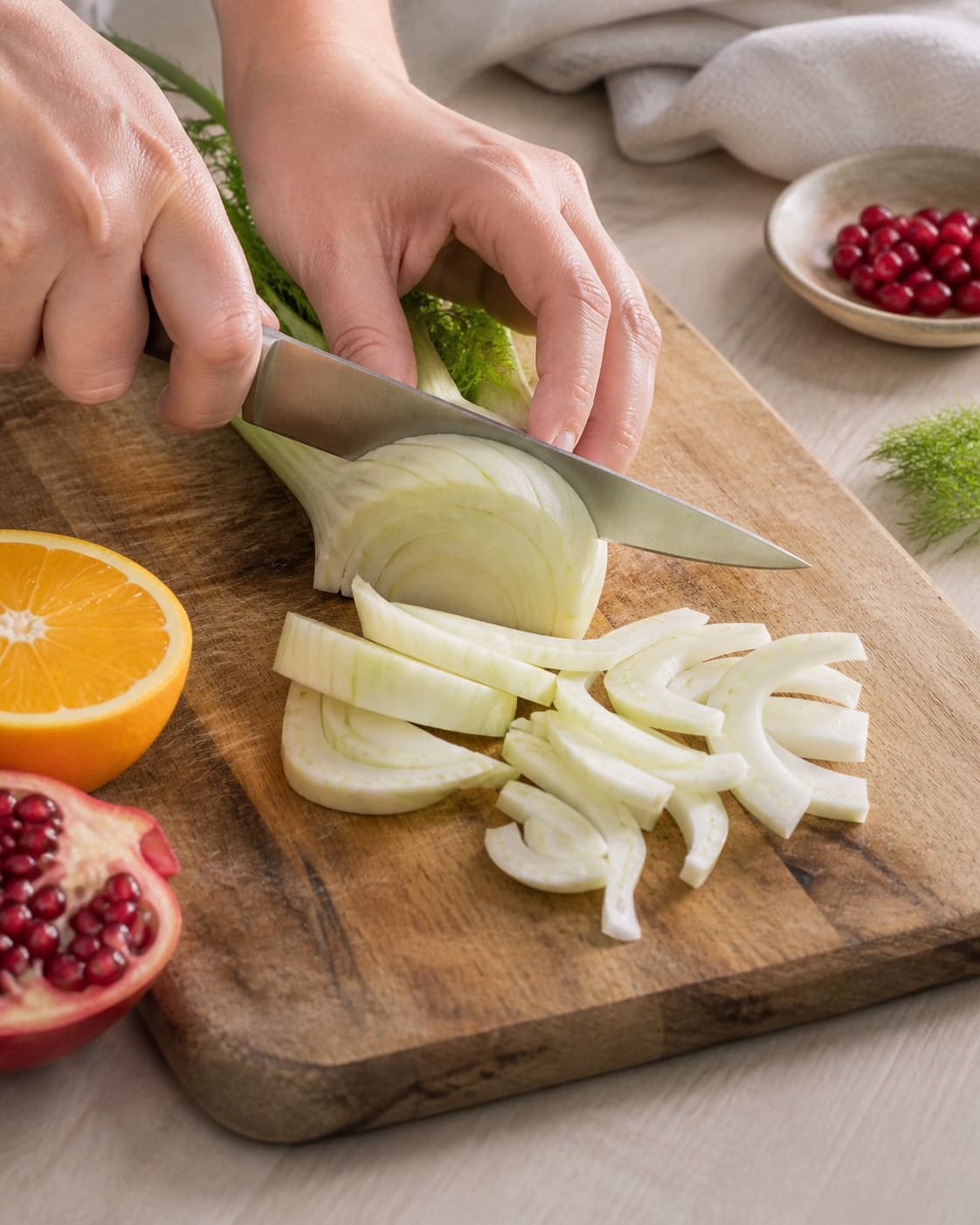 Ingredients for fennikelsalat med appelsin og granatæble being cut into even pieces under tilberedningen af fennikelsalat med appelsin og granatæble