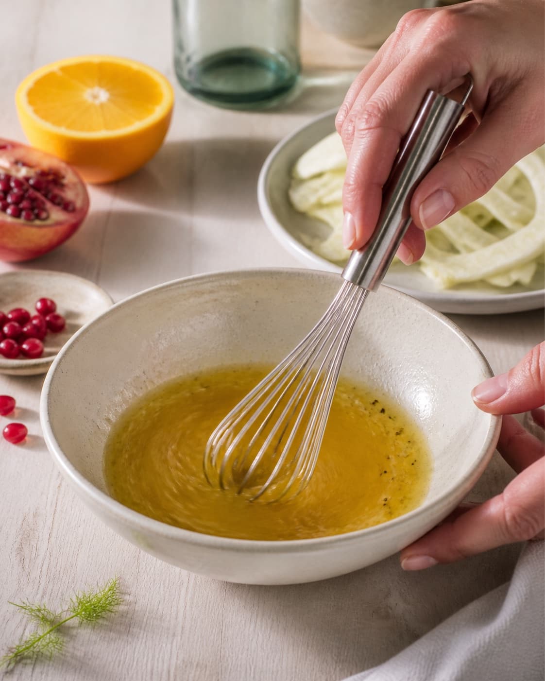 Dressing for fennikelsalat med appelsin og granatæble being whisked until glossy under tilberedningen af fennikelsalat med appelsin og granatæble