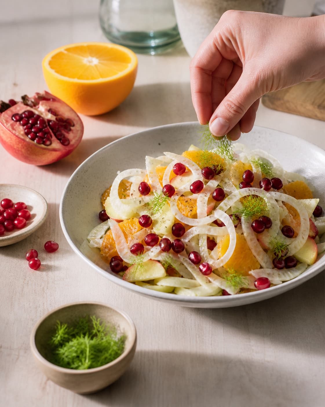 Fresh finished fennikelsalat med appelsin og granatæble receiving its final garnish under tilberedningen af fennikelsalat med appelsin og granatæble