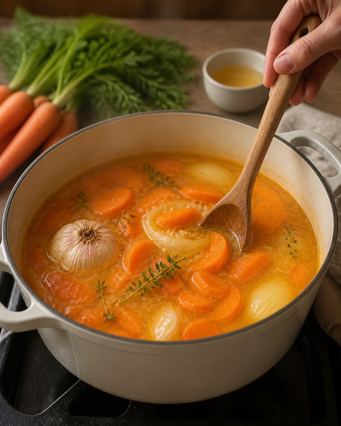 gulerodspuré gently simmering with visible ingredients under tilberedningen af gulerodspuré