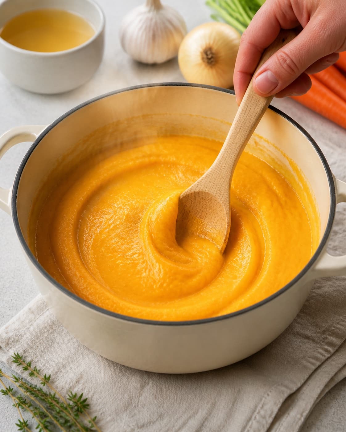 The texture of gulerodspuré being adjusted in the pot under tilberedningen af gulerodspuré