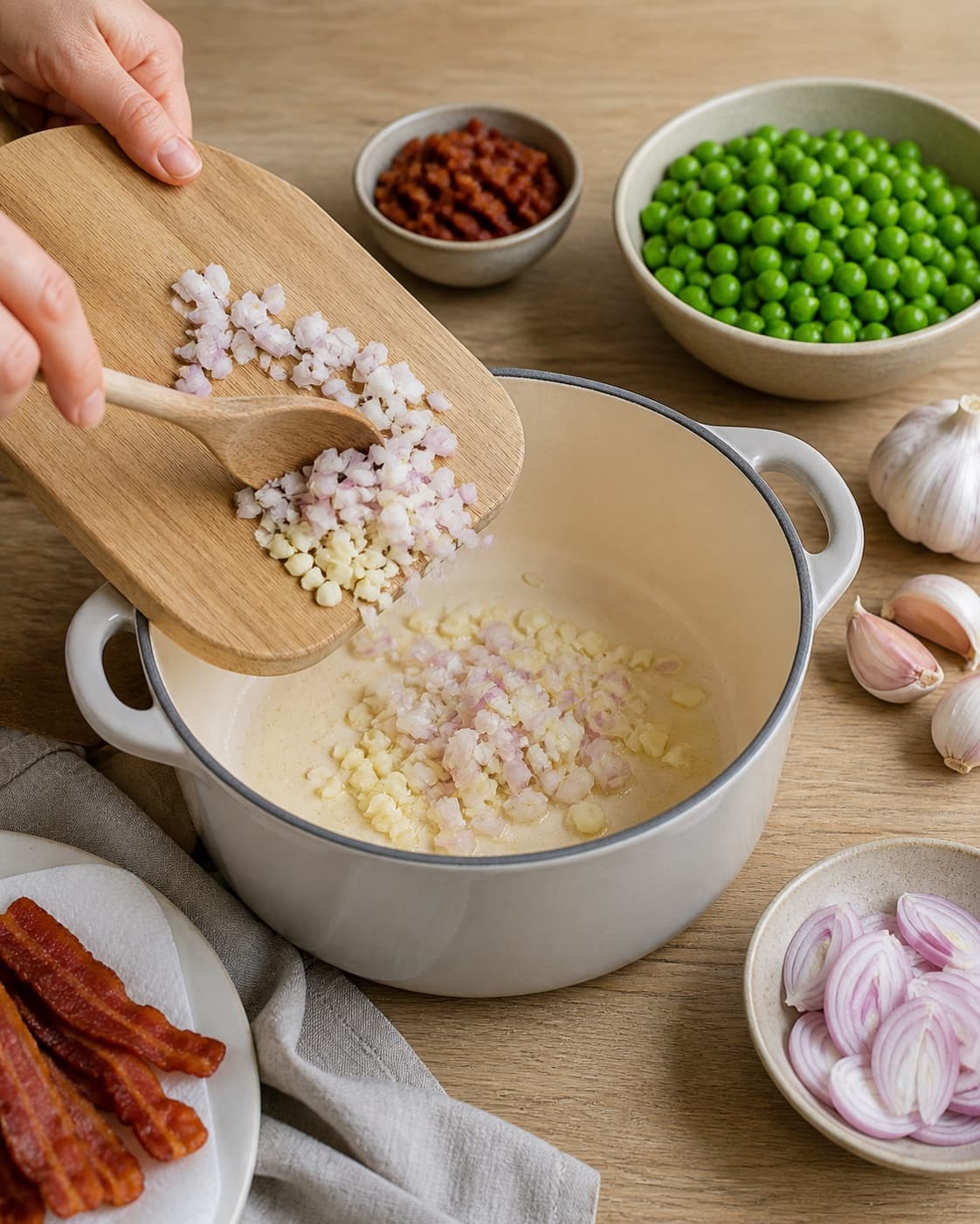 Mise en place for ærtesuppe med baconknas with grønne ærter, bacon, zittauerløg, hvidløg under tilberedningen af ærtesuppe med baconknas
