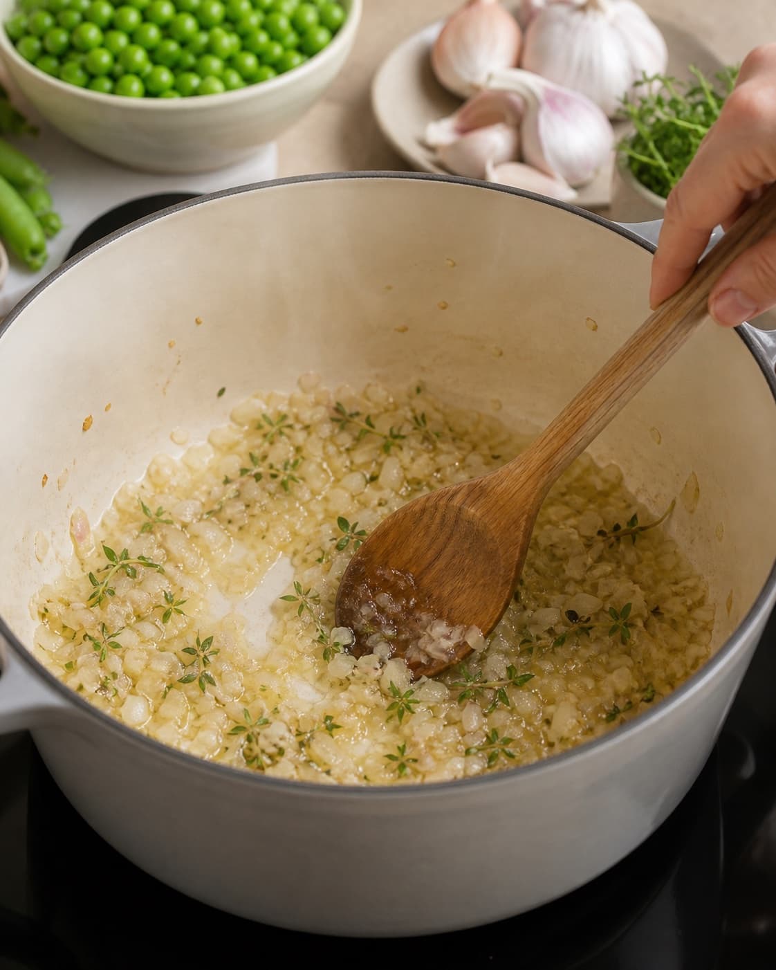 Aromatic base for ærtesuppe med baconknas gently cooking in a pot under tilberedningen af ærtesuppe med baconknas