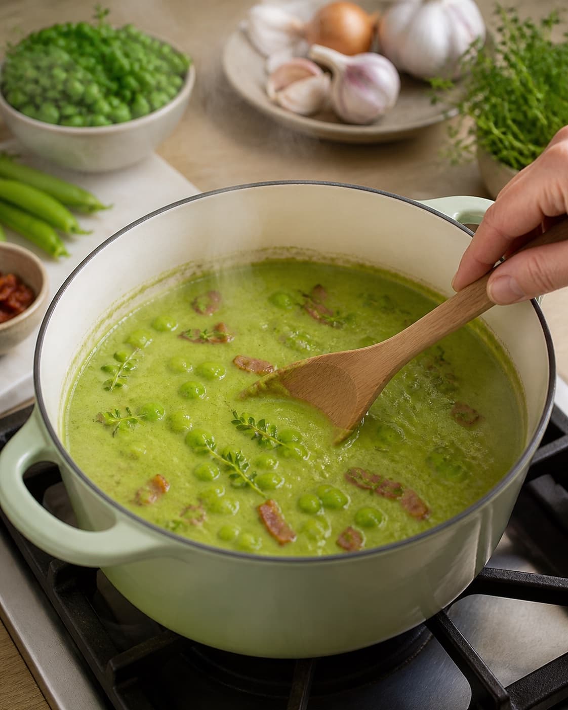ærtesuppe med baconknas gently simmering with visible ingredients under tilberedningen af ærtesuppe med baconknas
