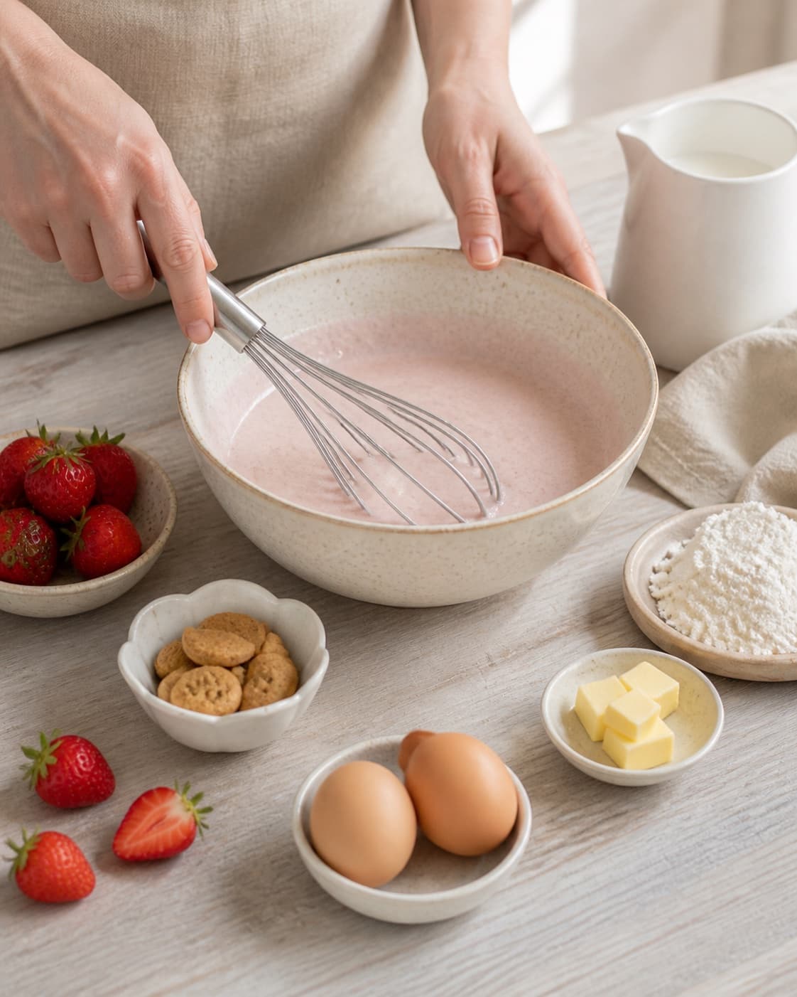 Measured ingredients for jordbærkoldskål arranged separately with hvedemel, smør, rørsukker, æg under tilberedningen af jordbærkoldskål