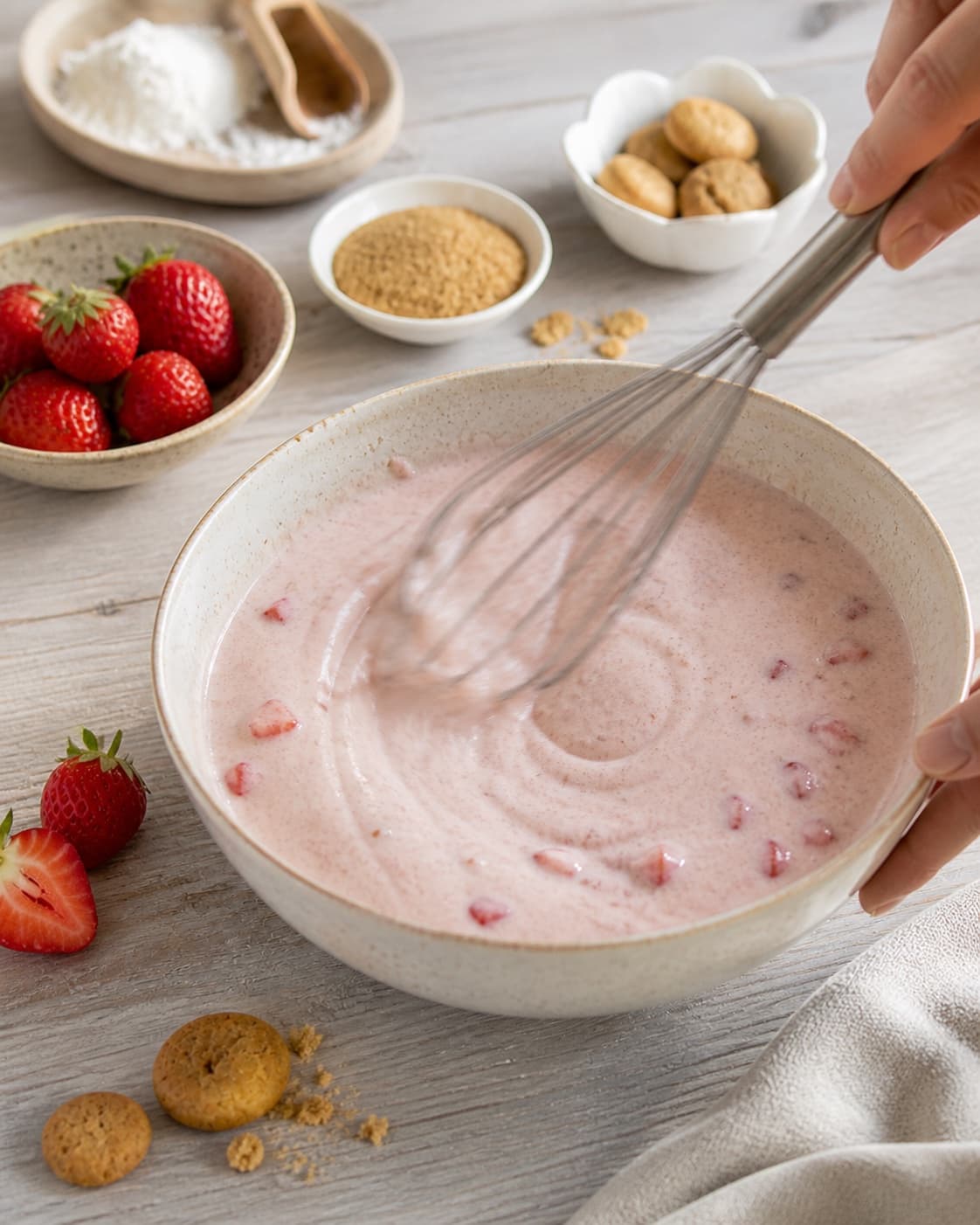 The batter or dough for jordbærkoldskål being gently combined under tilberedningen af jordbærkoldskål