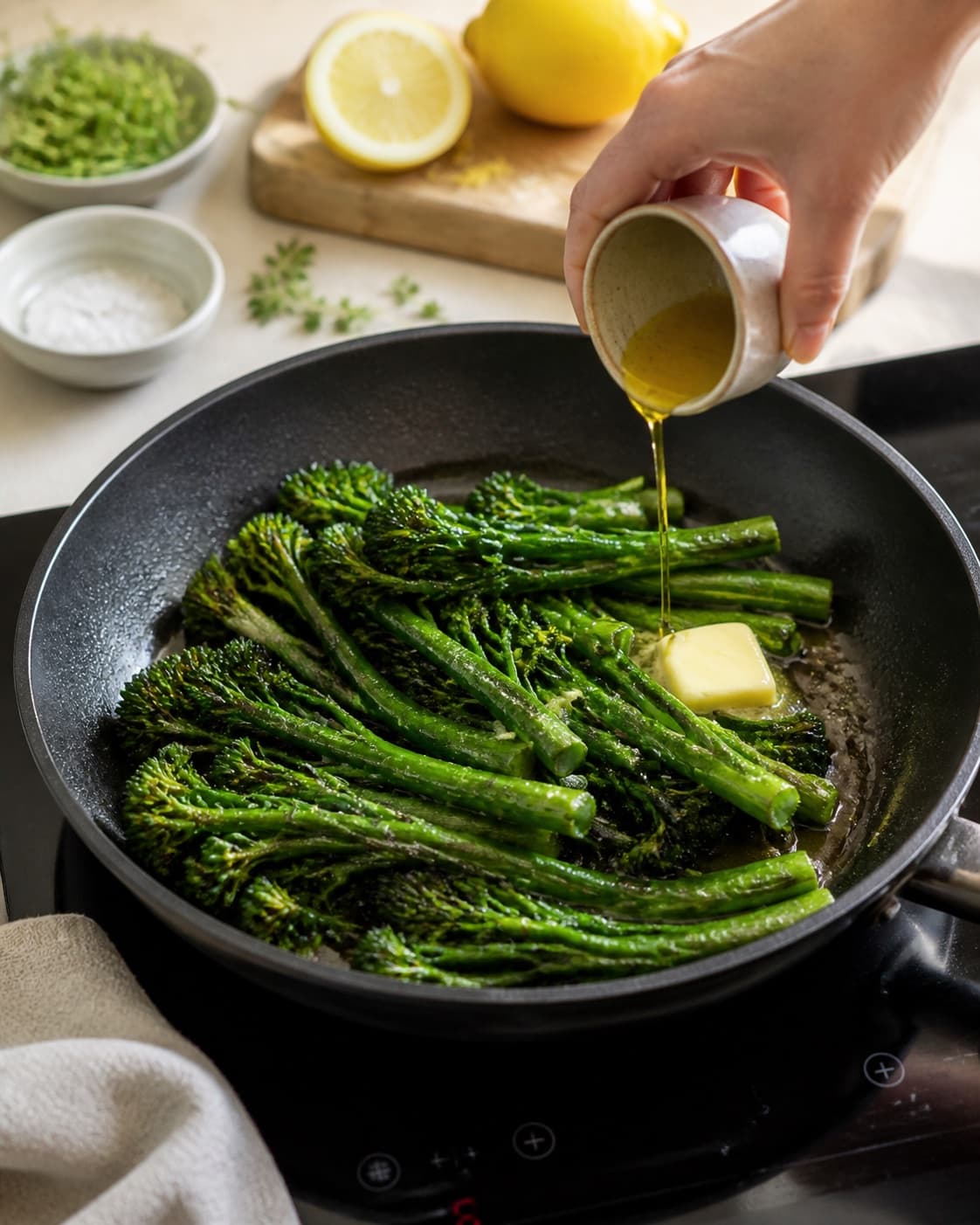 Prepared dry ingredients for stegt aspargesbroccoli with aspargesbroccoli, smør, rapsolie, friske krydderurter under tilberedningen af stegt aspargesbroccoli