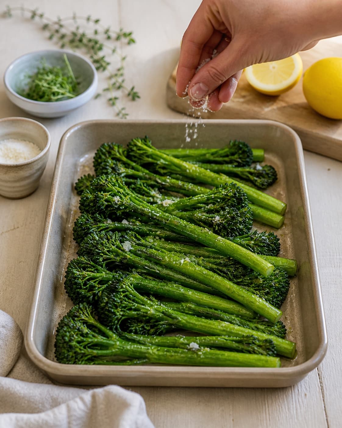 stegt aspargesbroccoli being evenly seasoned before roasting under tilberedningen af stegt aspargesbroccoli