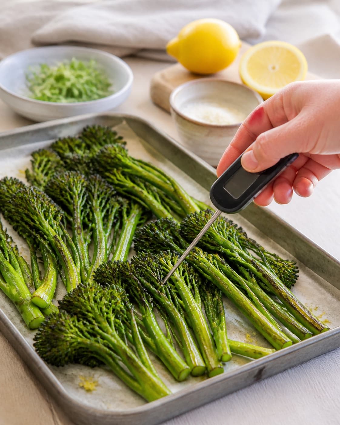 stegt aspargesbroccoli roasting evenly while its centre temperature is checked under tilberedningen af stegt aspargesbroccoli