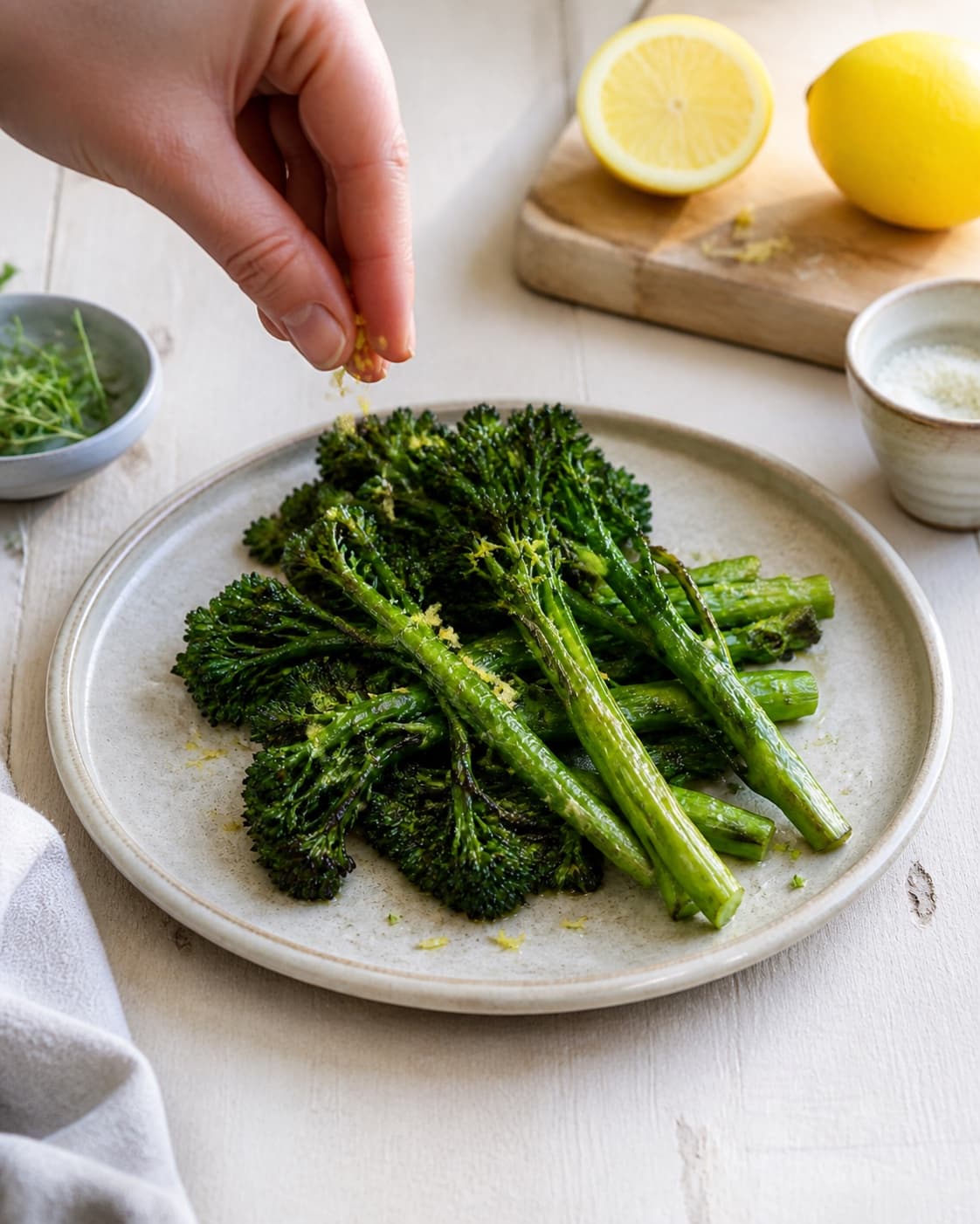 Finished stegt aspargesbroccoli resting before the final garnish under tilberedningen af stegt aspargesbroccoli
