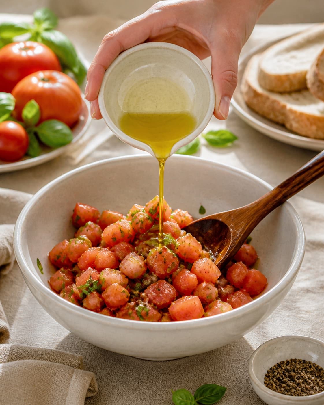 Prepared dry ingredients for bruschetta med tomat og basilikum with surdejsbrød, modne tomater, smør, rapsolie under tilberedningen af bruschetta med tomat og basilikum