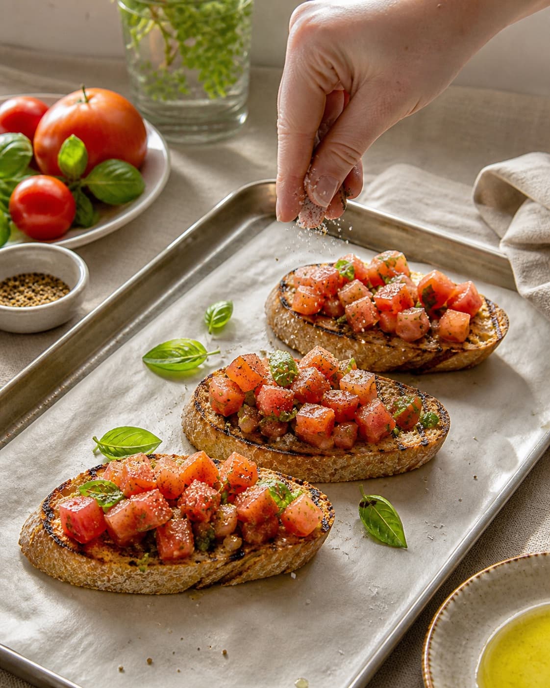 bruschetta med tomat og basilikum being evenly seasoned before roasting under tilberedningen af bruschetta med tomat og basilikum