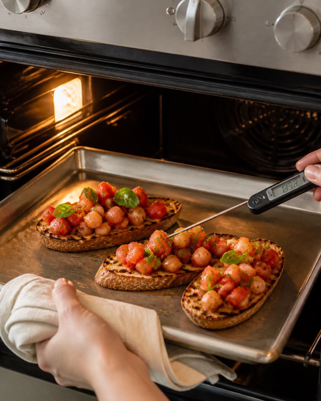 bruschetta med tomat og basilikum roasting evenly while its centre temperature is checked under tilberedningen af bruschetta med tomat og basilikum