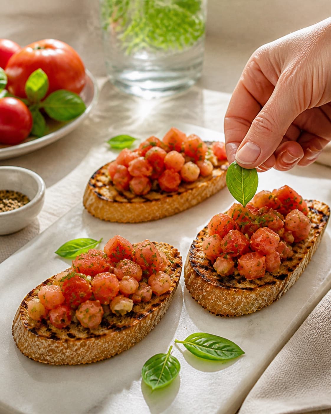 Finished bruschetta med tomat og basilikum resting before the final garnish under tilberedningen af bruschetta med tomat og basilikum