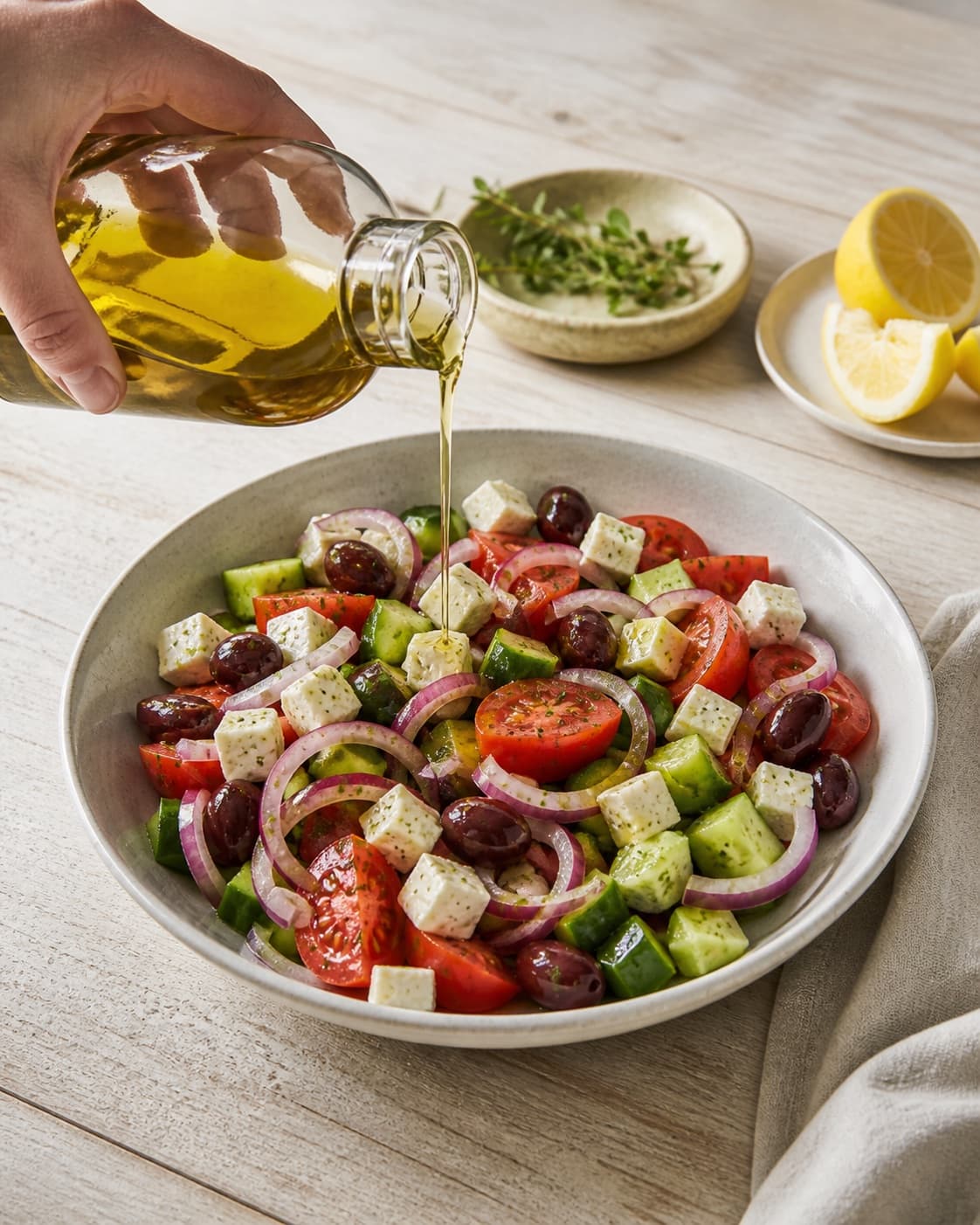 Clean prepared ingredients for græsk salat with kalamataoliven, økologisk citron, ekstra jomfruolivenolie, friske krydderurter under tilberedningen af græsk salat