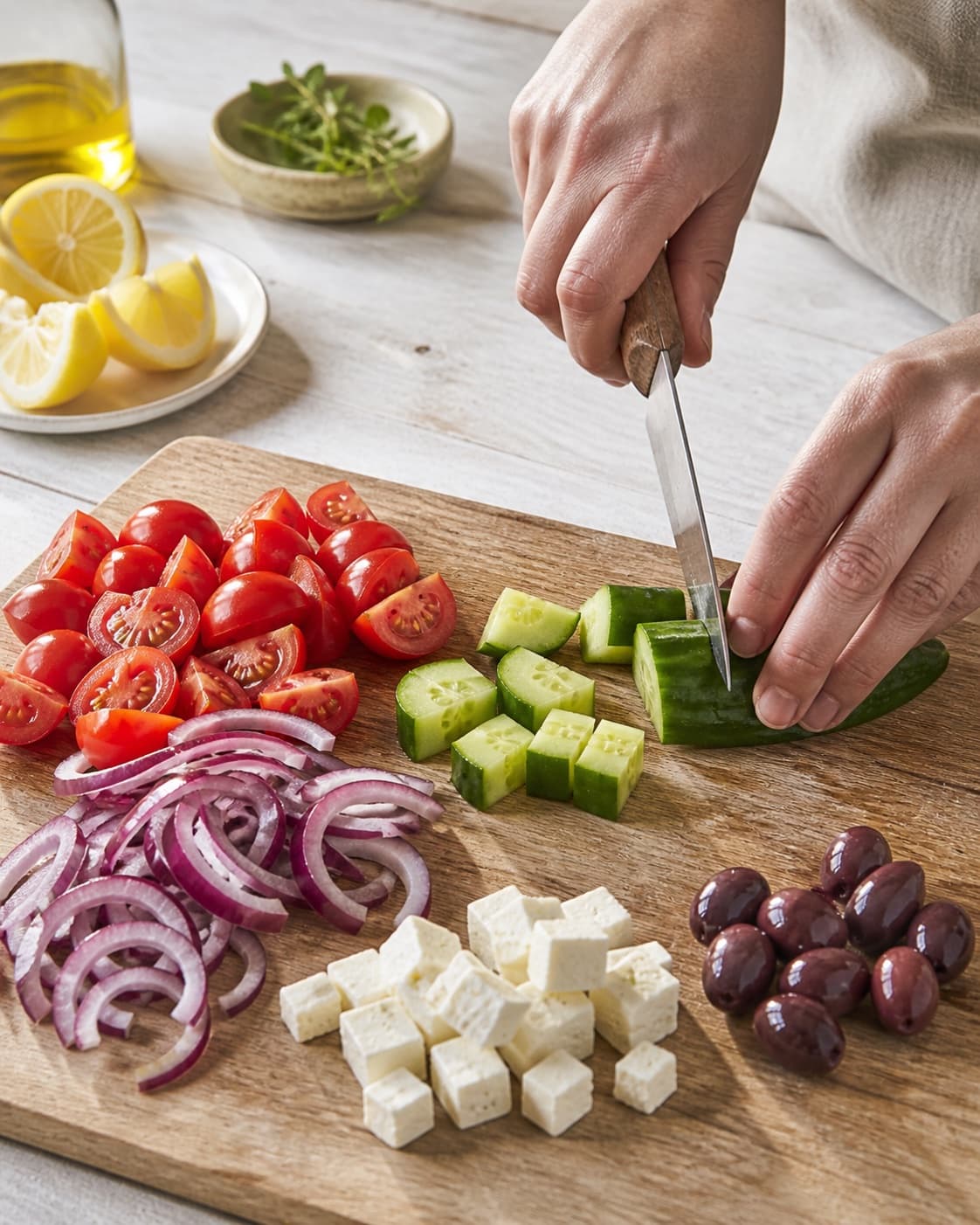 Ingredients for græsk salat being cut into even pieces under tilberedningen af græsk salat