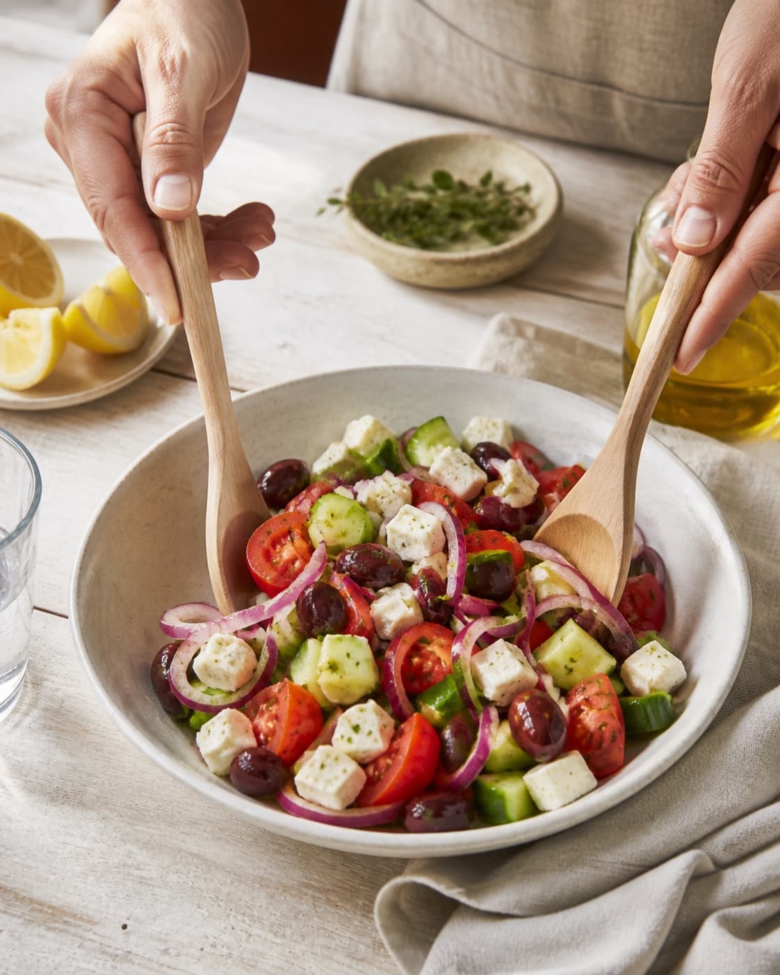 græsk salat being gently combined without crushing the ingredients under tilberedningen af græsk salat