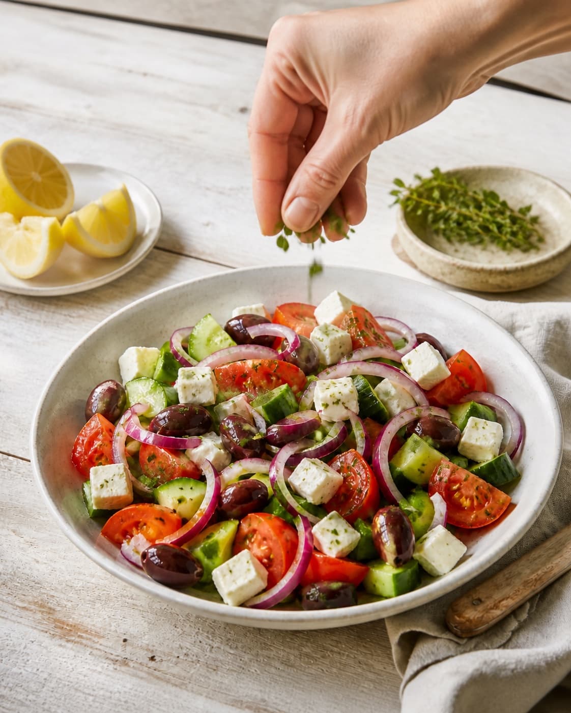 Fresh finished græsk salat receiving its final garnish under tilberedningen af græsk salat